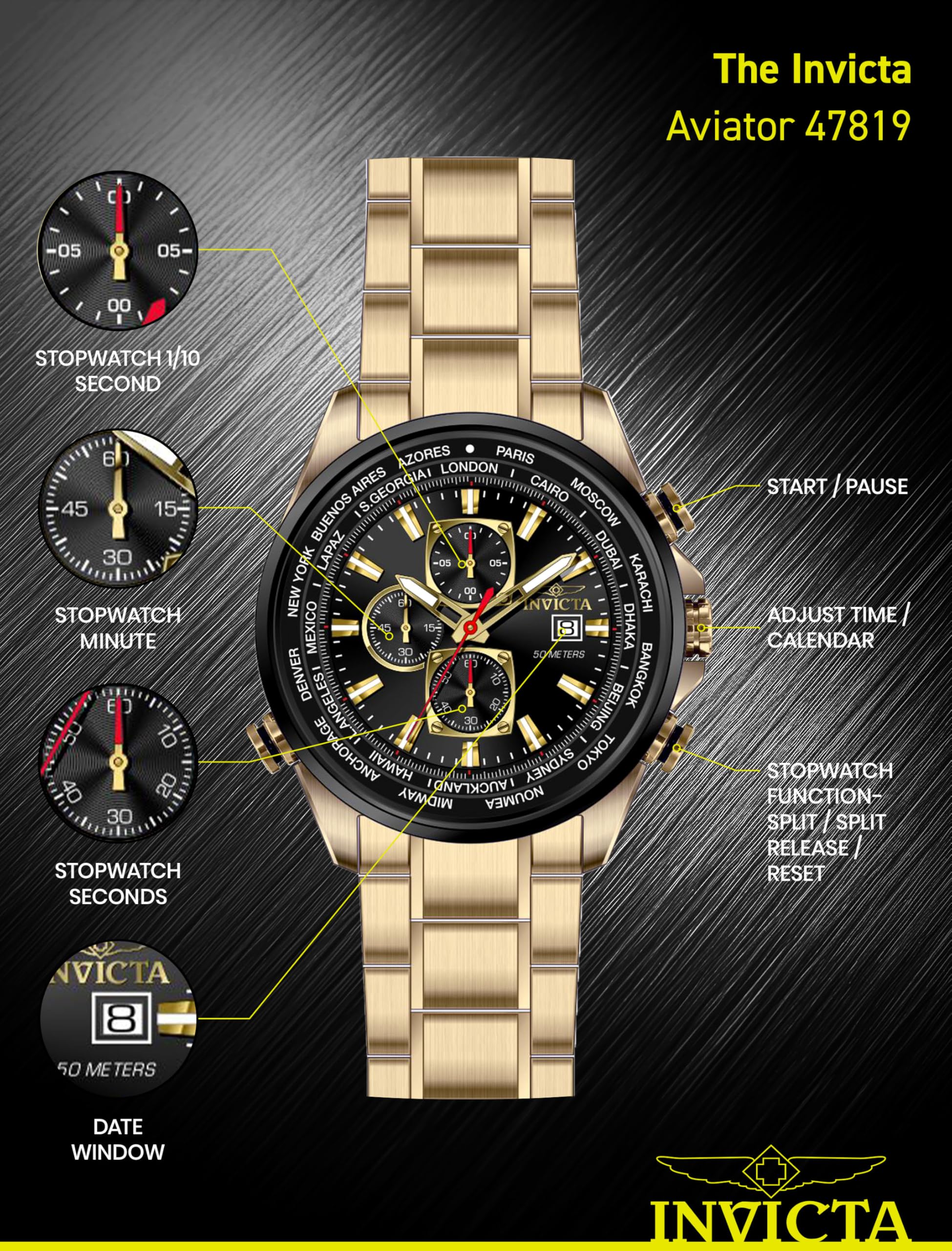 INVICTA Aviator Reloj Cuarzo para Hombre de Acero Inoxidable - 50mm