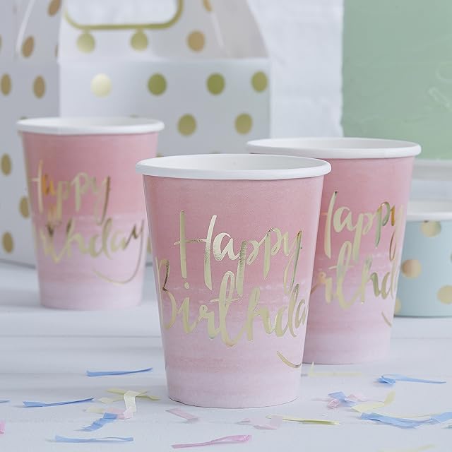 Ginger Ray Gold Foiled Pink Ombre Happy Birthday Party Paper Cups, 8 Count (Pack of 1)