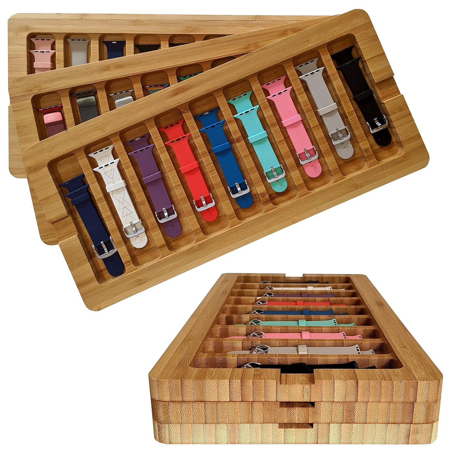 Zero Mass Stackable Bamboo Storage Tray for Apple Watch Bands Stores 9 Wood Includes Cover