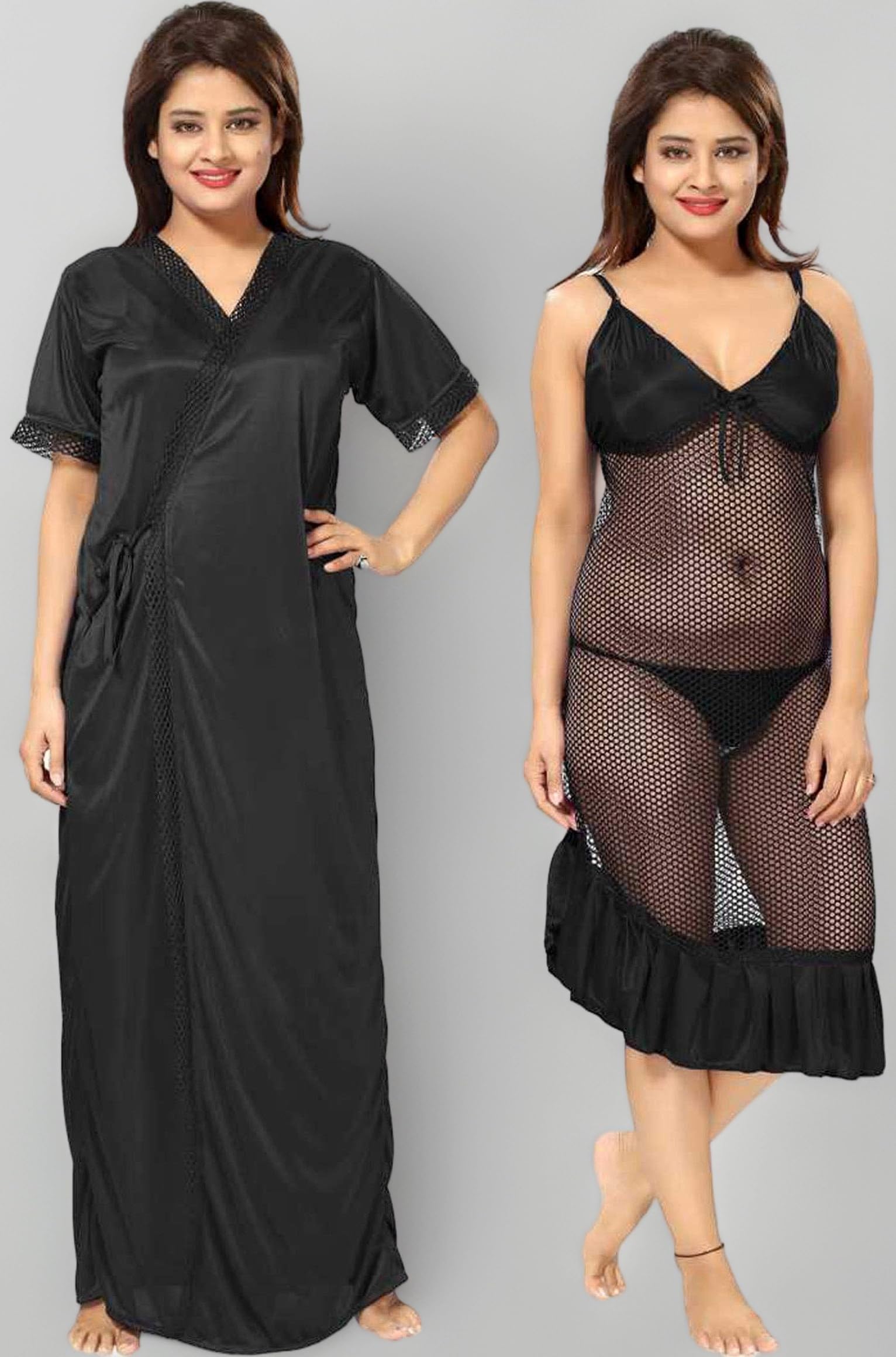 Women's Bridal Satin Nighty with Robe, Solid Plain with Smooth, Silky Touch and Attractive Lace Work Sleep Dress for Newly Married Couples, Women & Girls (Pack of 2)