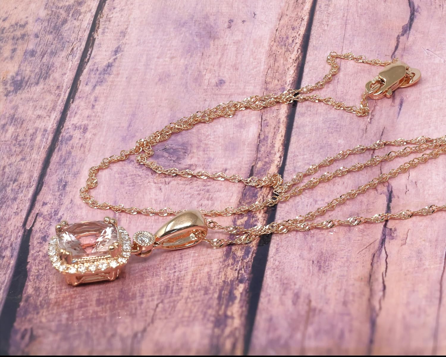 14K Rose Gold Genuine Morganite Cushion 1-1/3, Diamonds Pendant Necklace - Image 3