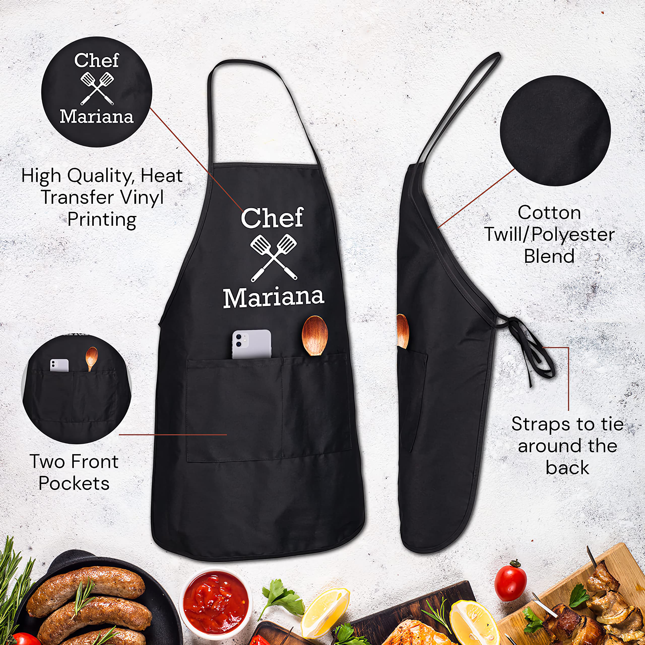 Hot4TShirts Custom Apron - Personalized Aprons for Men & Women - Customized Apron Gifts - Funny Kitchen Design - 2 Front Pockets (Black)