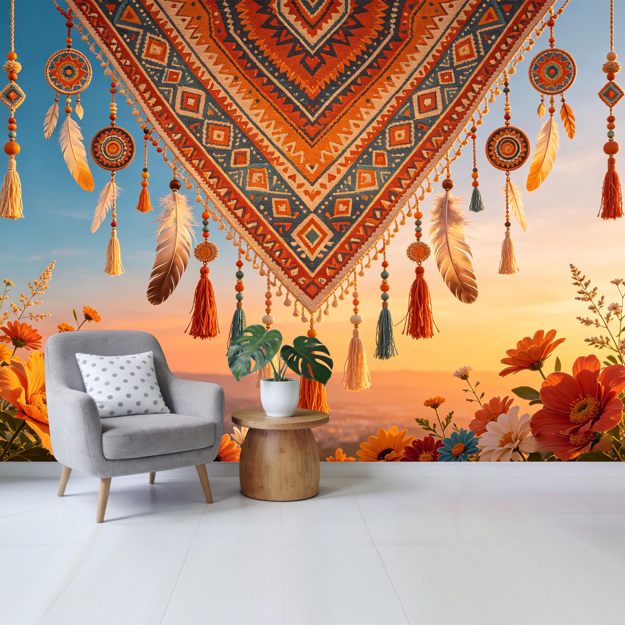 Qzlithotic Yq2605250065 Custom Size Wall Mural Bohemian Tribal Tapestry Feather Tassels Sunset Garden Flowers Selfadhesive Wall Fabric Removable Wallpaper For Home Office Decor