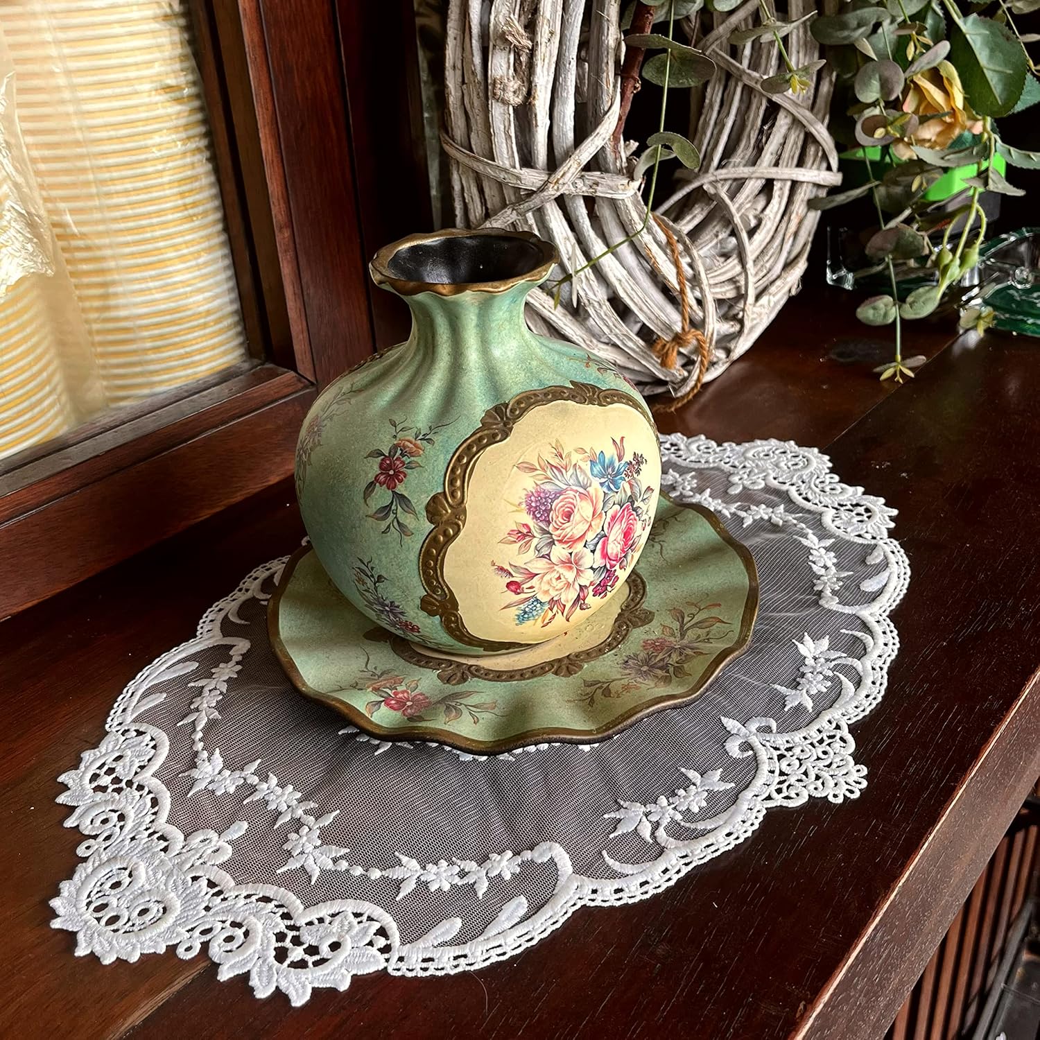 2PACK Retro French Style Lace Placemats Farmhouse Lace Doilies Embroidered Cup Mat vase mat 16.5”x11.6”,White (2)