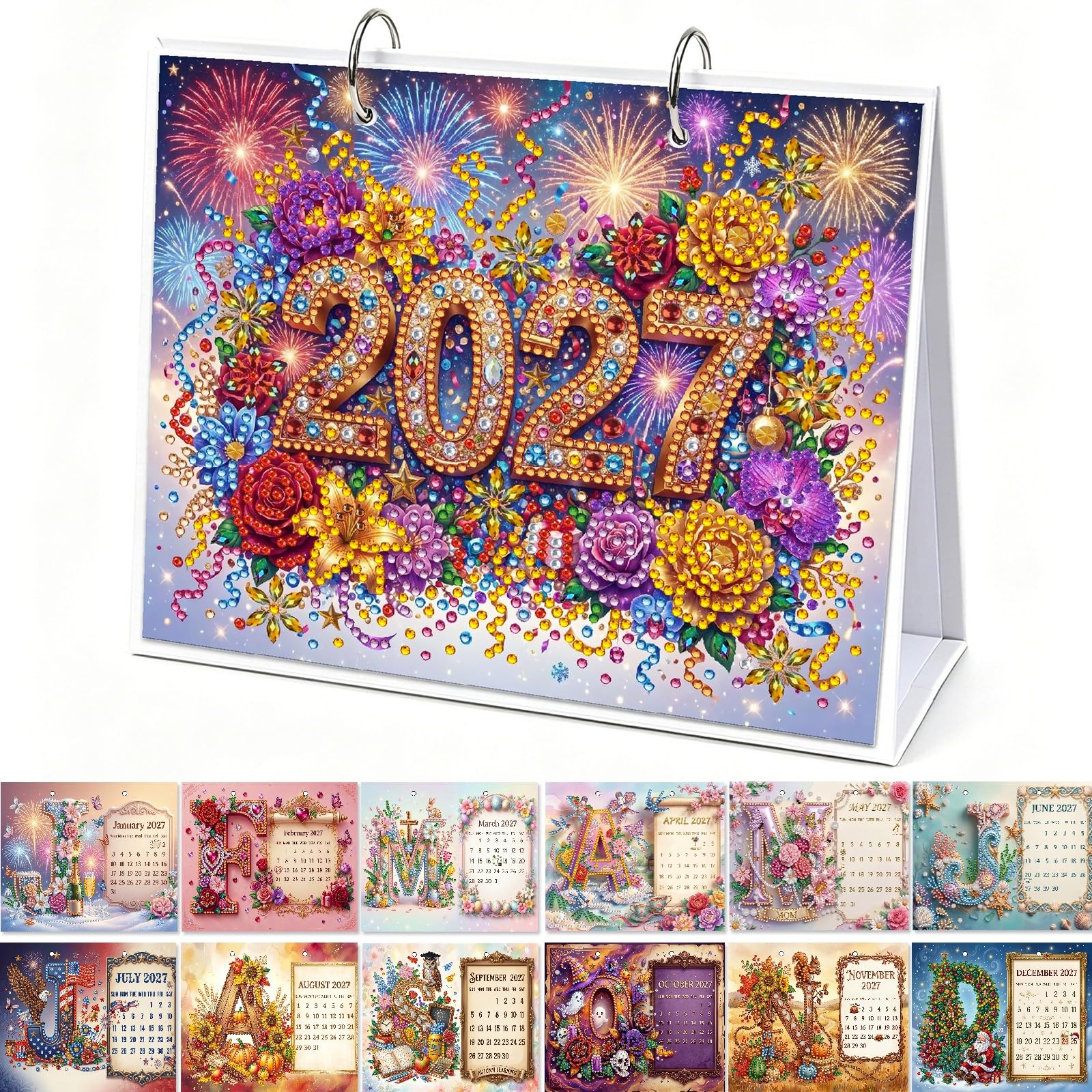 Lebartm 2027 DIY Diamond Art Desk Calendar Creative Design Thick Paper Calendar with NOTES Ornaments Gemstone Painting Monthly Flip Tabletop Calendar for Office Home Planning-Letter03