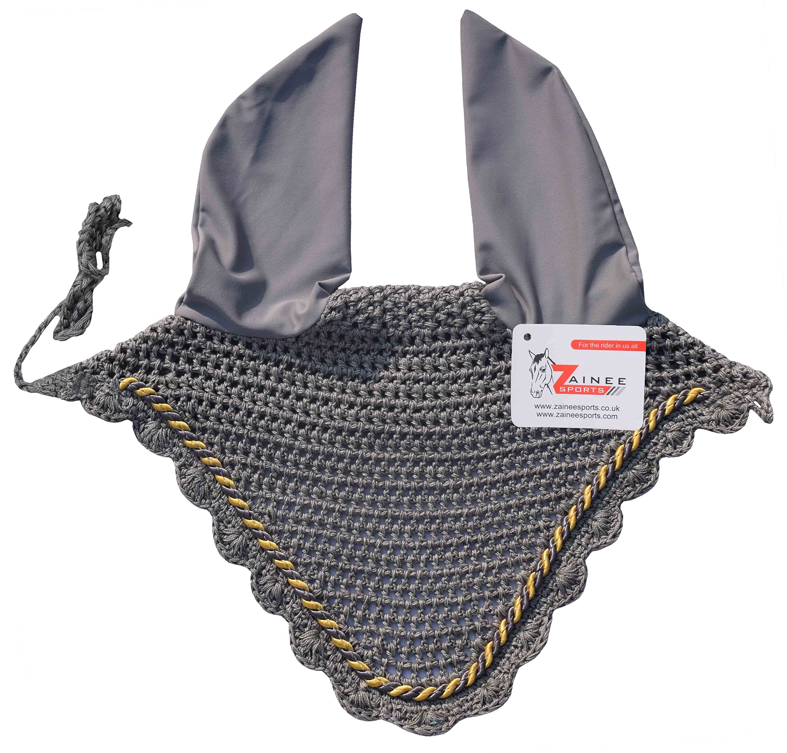 Zainee Sports Crochet Fly Hood with Comfortable Lycra Ears Horse Ear Bonnet Net Hat Fly Veil Hand Made (FULL, GREY)