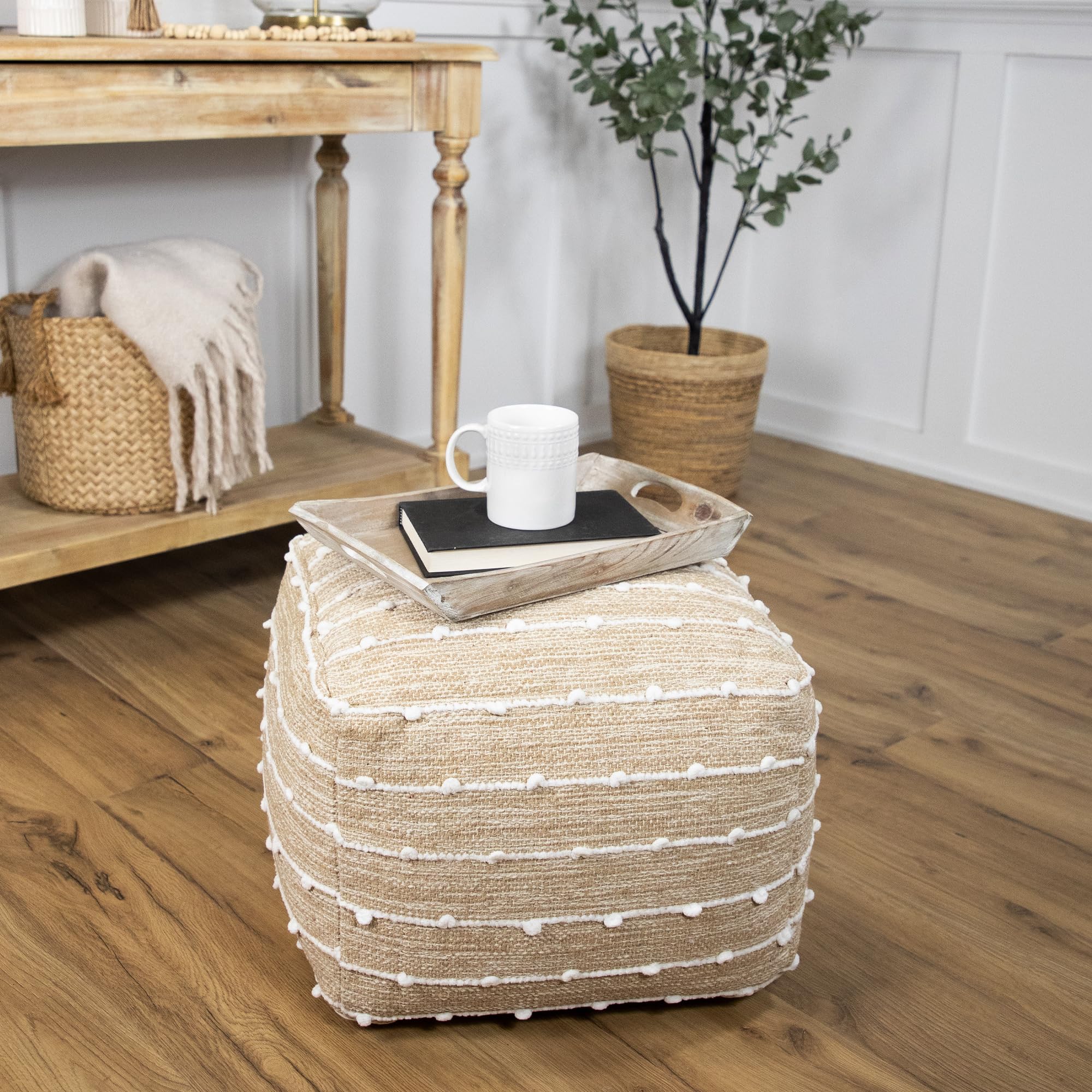 Northlight Woven Cotton Round Pouf with Fringe - 14