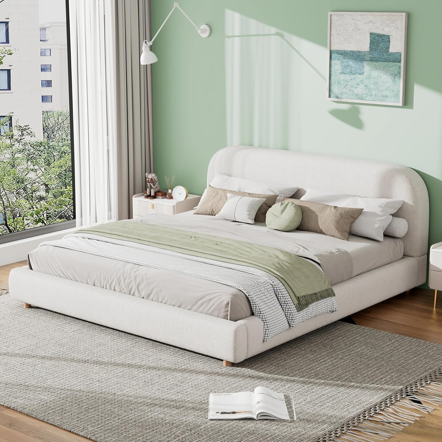 Christopher Knight Home King Size Platform Bed, Boucle Fabric Headborad and Bed Frame, Upholstered Curve-Shaped Design Headboard, Wood Bedpost and Slat, Modern Design Bed Set, Easy Assembly, White