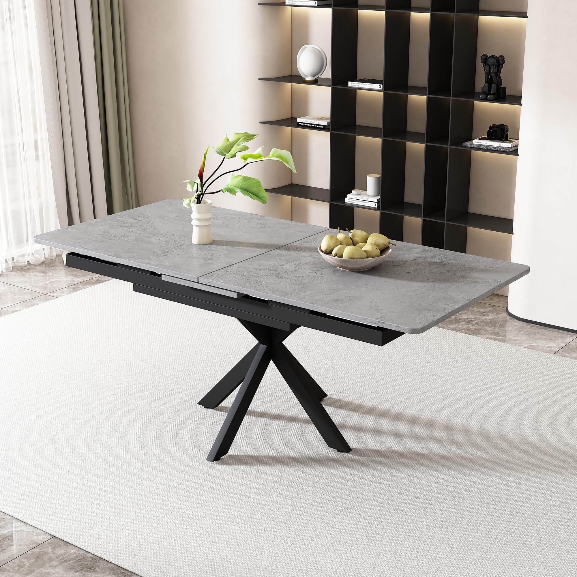 Moderner Esstisch Küchentisch Ausziehbar mit Zementmuster MDF Desktop und Metallbeine, Rechteckiger Großer Tisch Esszimmertisch Holztisch Speisetisch Für 4-6 Personen, 150-180 × 70 × 76cm (Grau) Küche, Haushalt & Wohnen