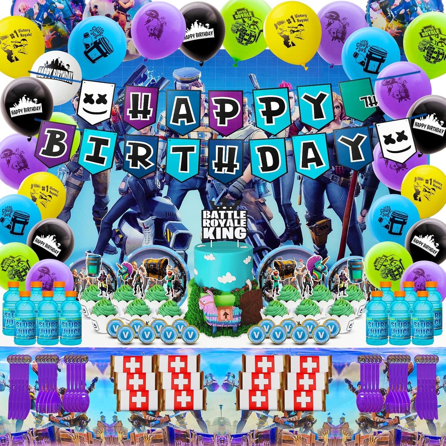 173pcs Birthday Party Supplies,Battle Royale Theme Style Party Decorations Include Happy Birthday Banner,Backdrop,Tablecover,Big Cake Toppers,Cupcake Toppers,Bottle Labels,Stickers and Balloons Set