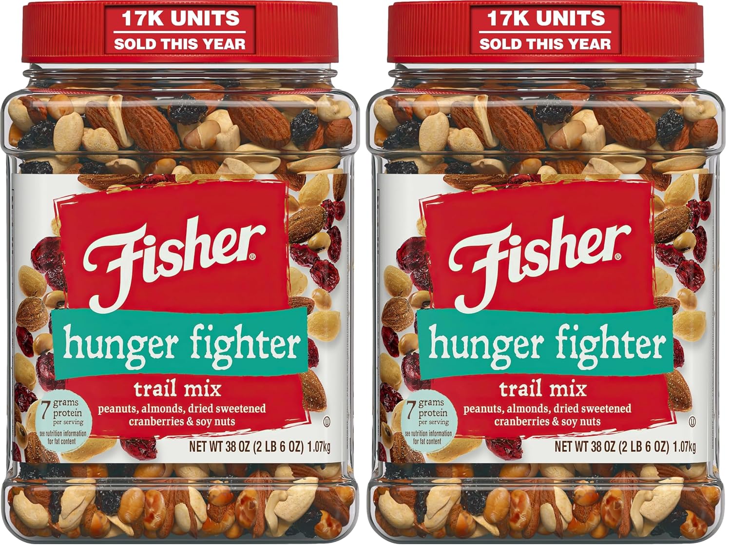 Fisher Snack Hunger Fighter Bulk Trail Mix, 38 oz (Pack of 2), Peanuts, Almonds, Dried Sweetened Cranberries and Soy Nuts, Snacks for Adults and Kids, Dried Fruit, Healthy Snacks for Adults