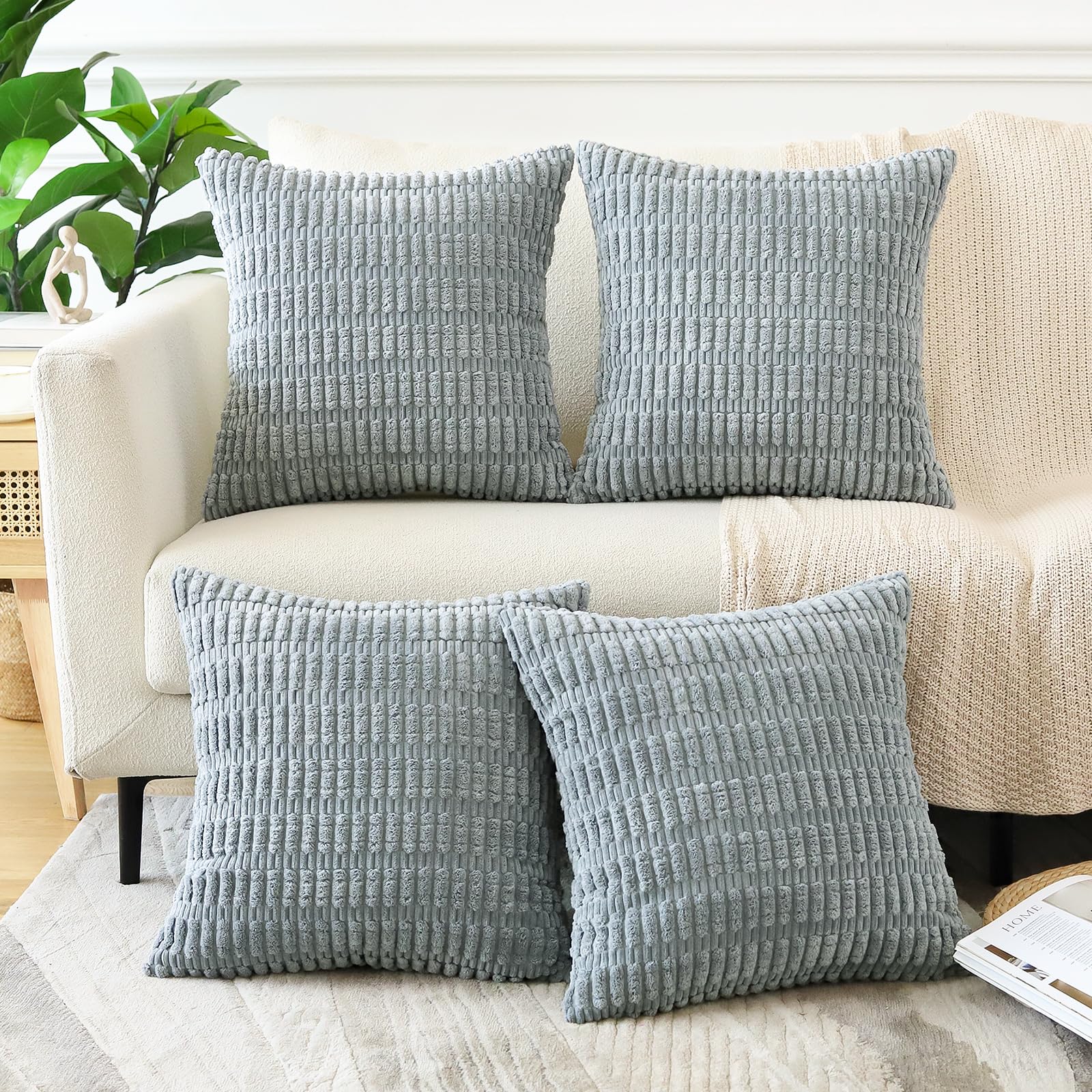 Sungeek Set of 4 Soft Corduroy Decorative Cushion Covers 40x40cm Square Striped Throw Pillow Covers 16x16 Inch for Sofa Couch Living Room Patio Farmhouse Boho Home Decor Pillowcases (Grey) - Image 2