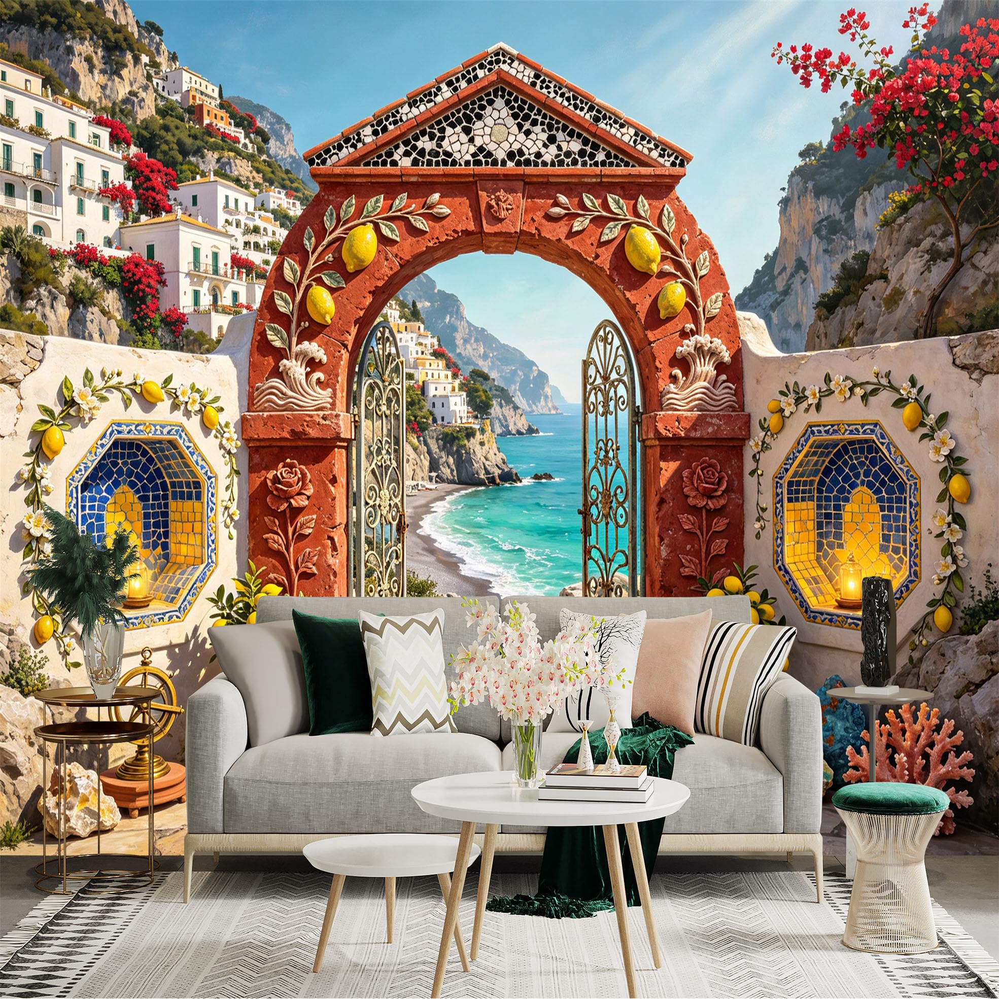 Custom Size Wall Sticker Mural， Mediterranean Coastal Archway， Lemon Courtyard， Seaside Village and Ocean View， for wall Decoration， peelandstick wall Decals.