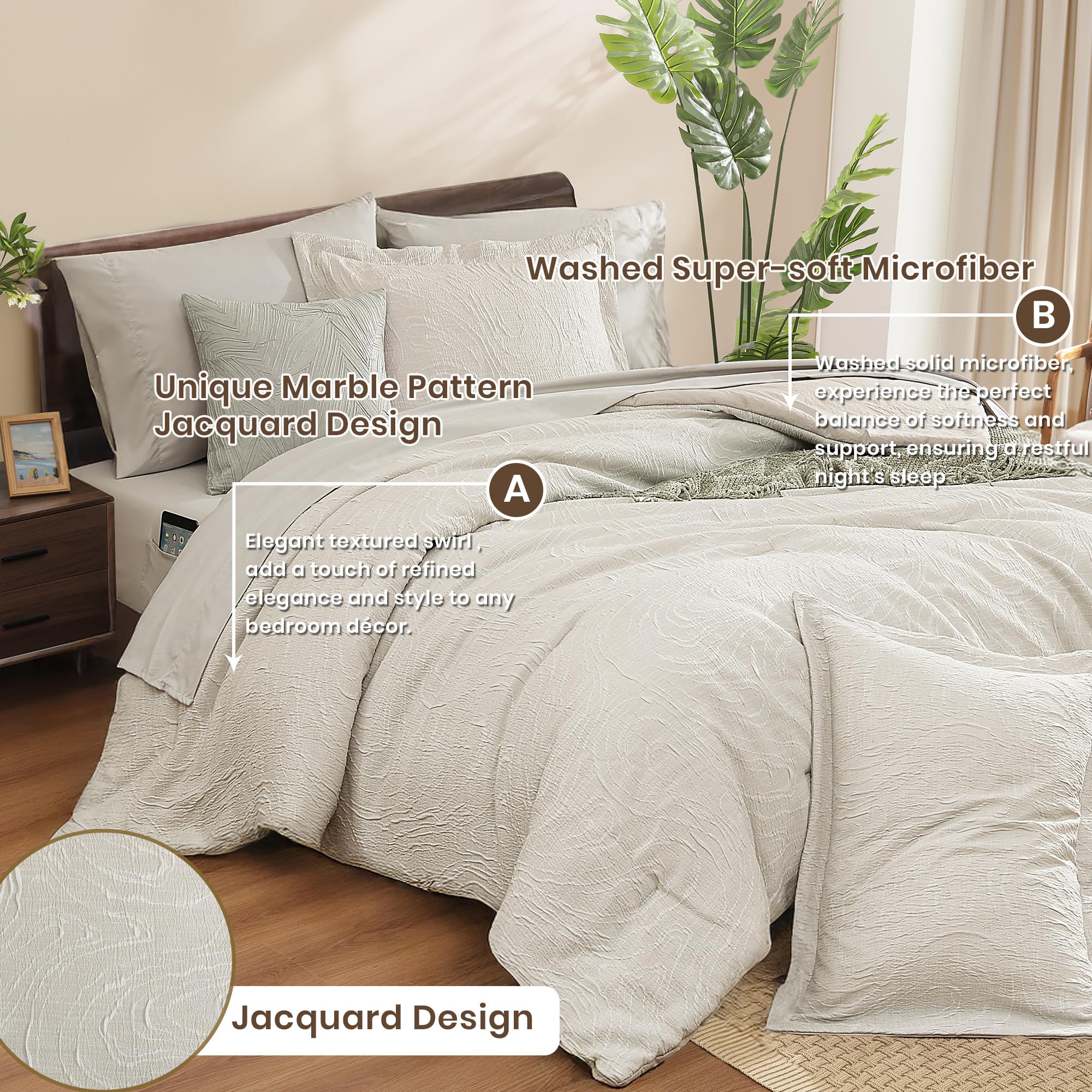 Monbix Queen Comforter Set - 7 Pieces Cationic Dyeing Olive Green Bed in a Bag Queen Bedding Sets with Comforter, Sheets, Pillowcases & Shams, Reversible Bedding Comforters Sets: Pebble 7Piece-Queen(90”X90'')