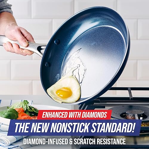 Miniatura 2 de Blue Diamond Juego de sartenes antiadherentes de cerámica saludable anodizada de 8, 10 y 12 pulgadas, sin PFAS, mango de acero inoxidable, apto para