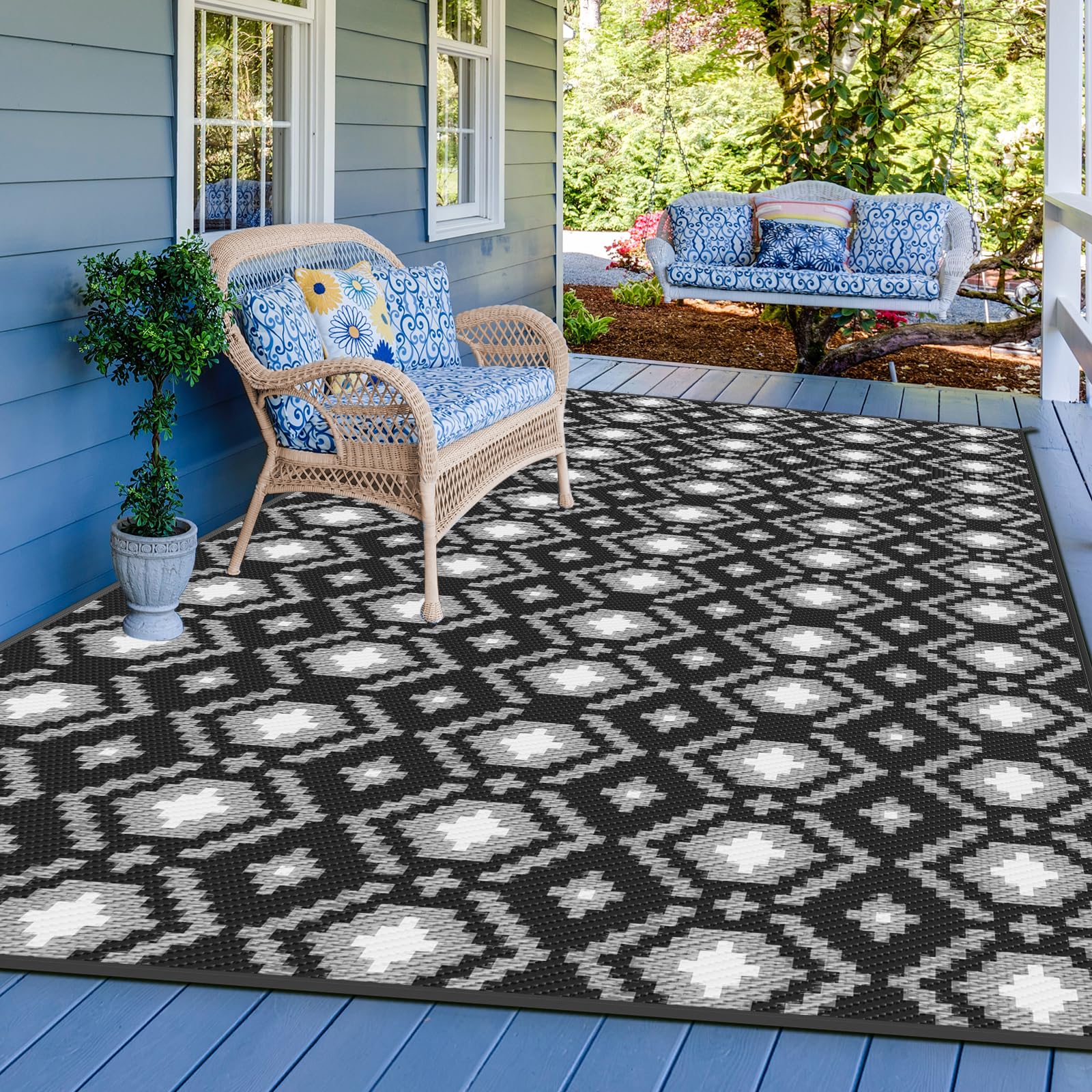 ROMROL Large Outdoor Rug, 9x12 Outdoor Rug, Area Rug Decor, Waterproof, Portable, Camping Mat and for Indoor, Outdoors, RV, Patio, Picnic, Beach, Camping, Black White