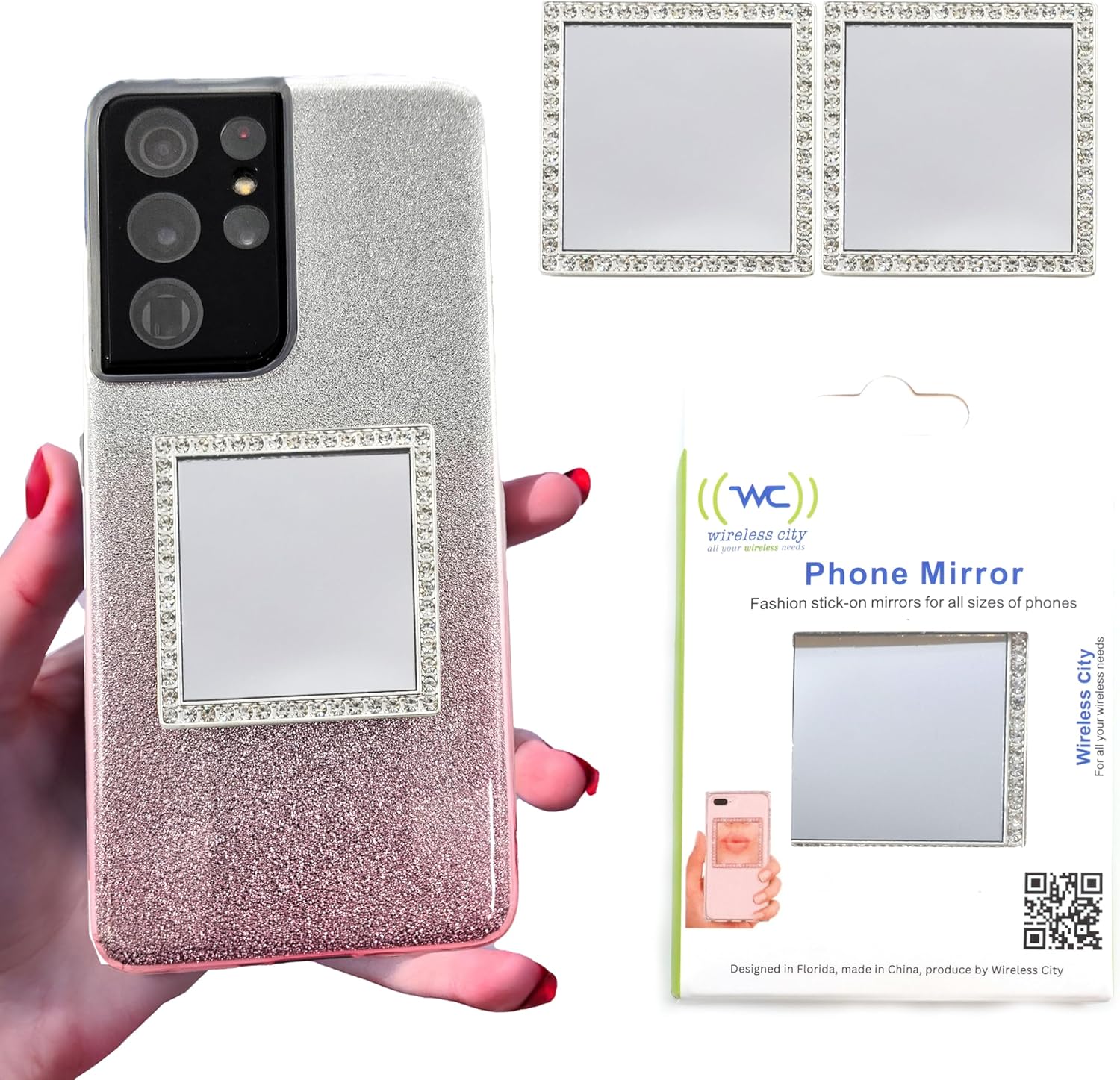 Wireless City Square Phone Mirror Stick-On - (2 Pack) Silvers Diamond Bling Cell Phone Mirror for Phone Case with Cubic Zirconia (5CM Mini), Ideal for Makeup & Selfies, Perfect for Women’s Touch-Ups