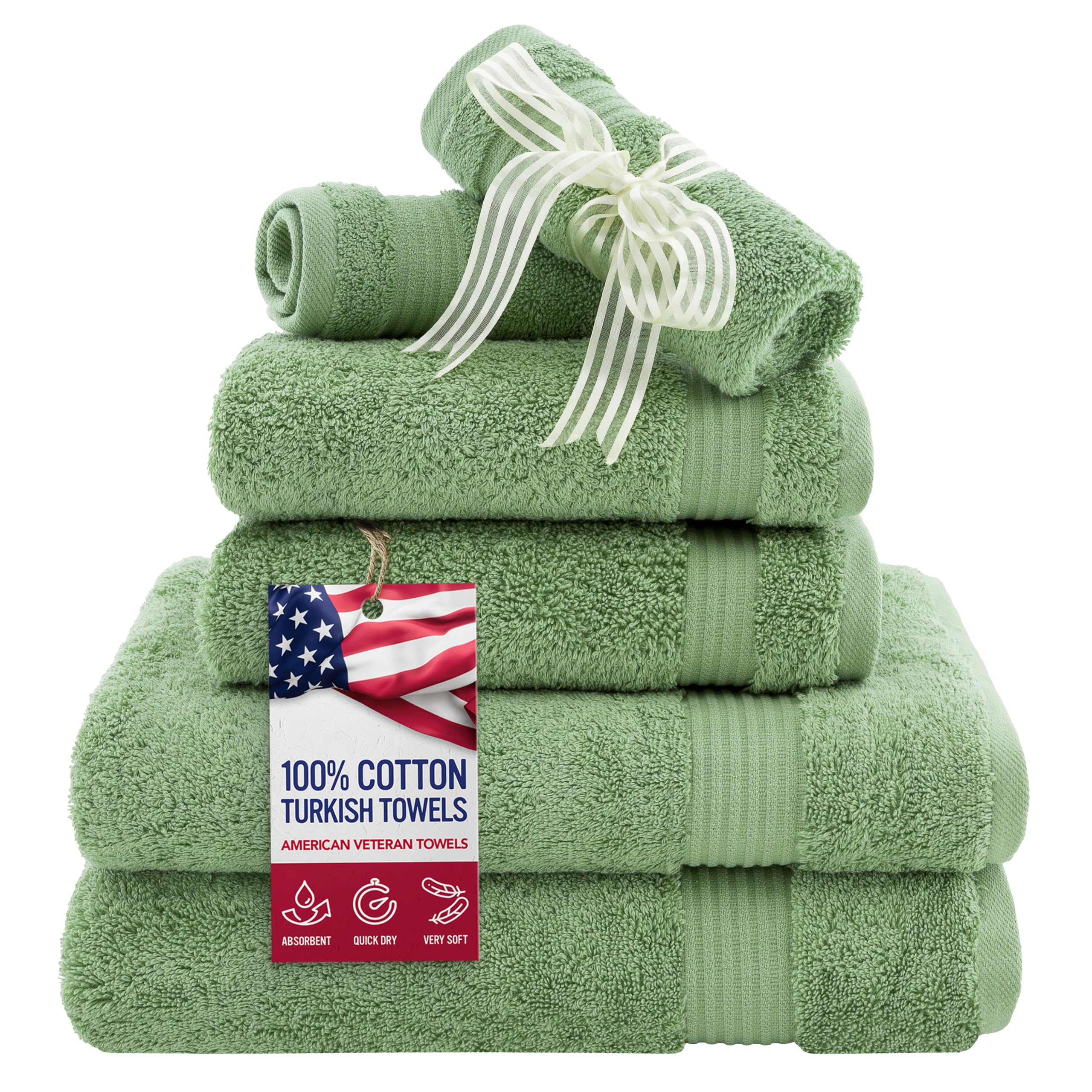 American Veteran Towel, 6 Piece Towel Set for Bathroom, 100% Cotton Turkish Bathroom Towels, 2 Bath Towels 2 Hand Towels 2 Washcloths, Sage Green
