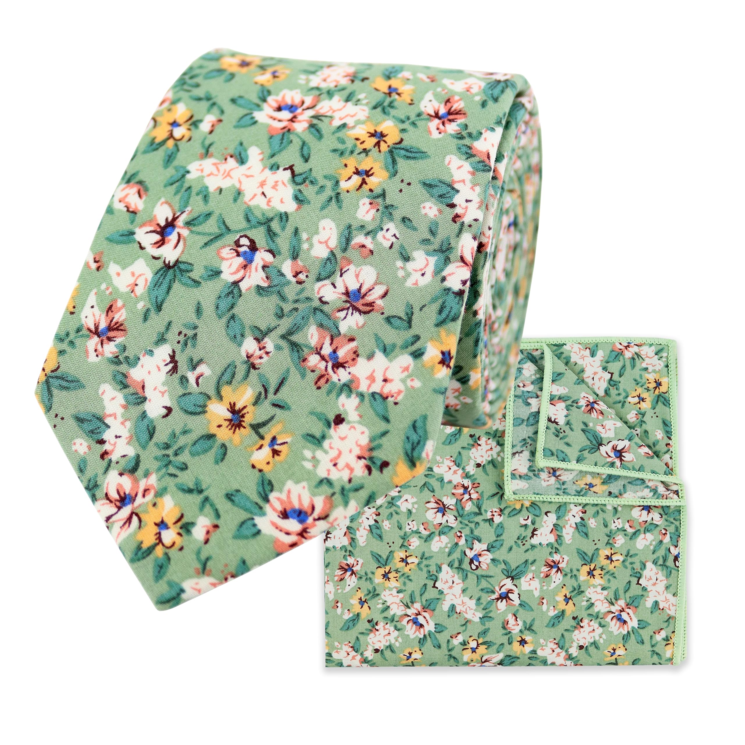 The Gents Lab Men's Sage Green 100% Cotton Diamond End Floral Print Neck Tie & Pocket Square Set (Sage Green)