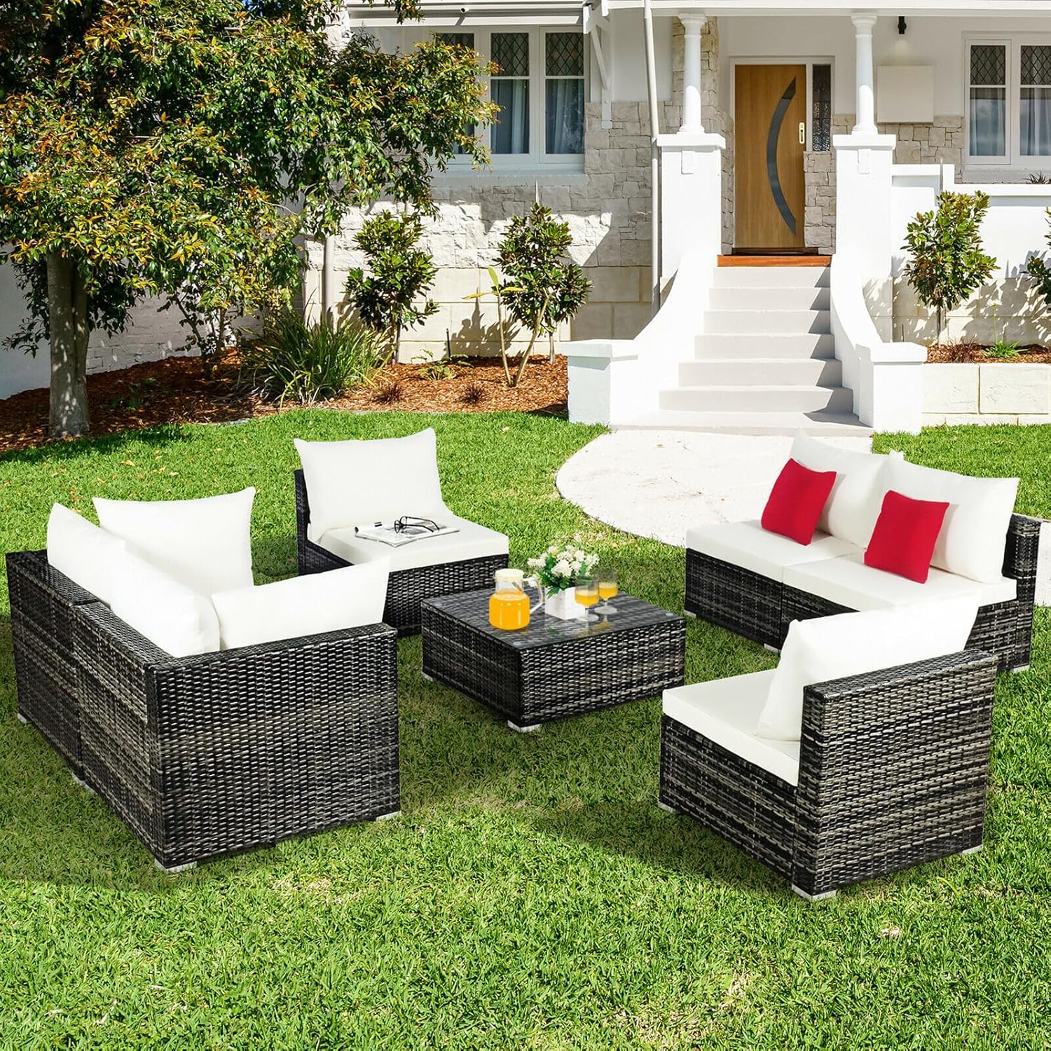 OUDINI 7-Piece Outdoor Rattan Conversation Set, Patio Rattan Furniture Set, Outdoor Patio Furniture, Patio Furniture Set Patio Couch Outdoor Chairs Storage Table, for Backyard, Deck, Poolside
