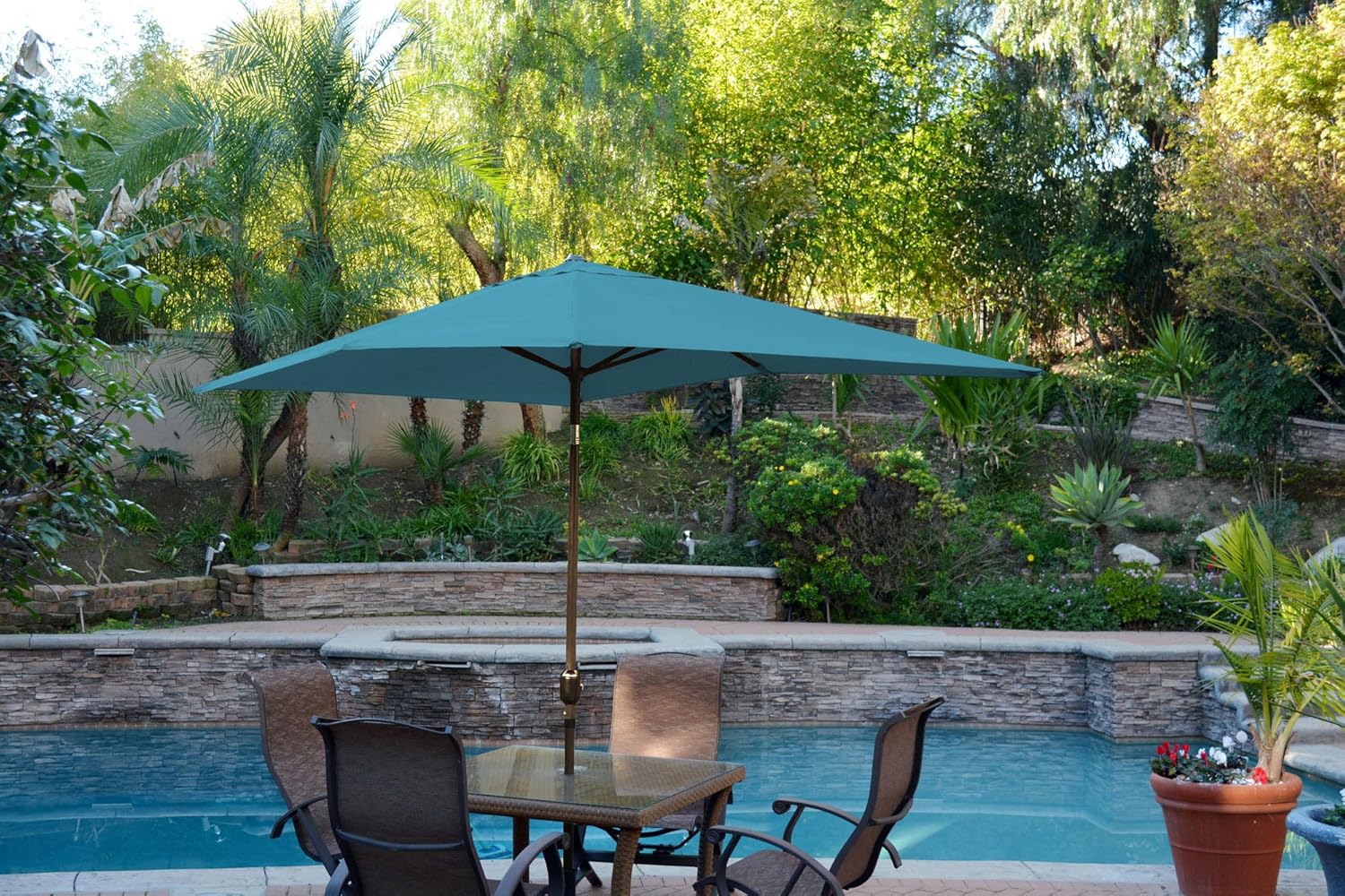 Jeco Aluminum Patio Market Umbrella Tilt with Crank, Fabric & Champagne Pole, Turquoise, 6.5' x 10'