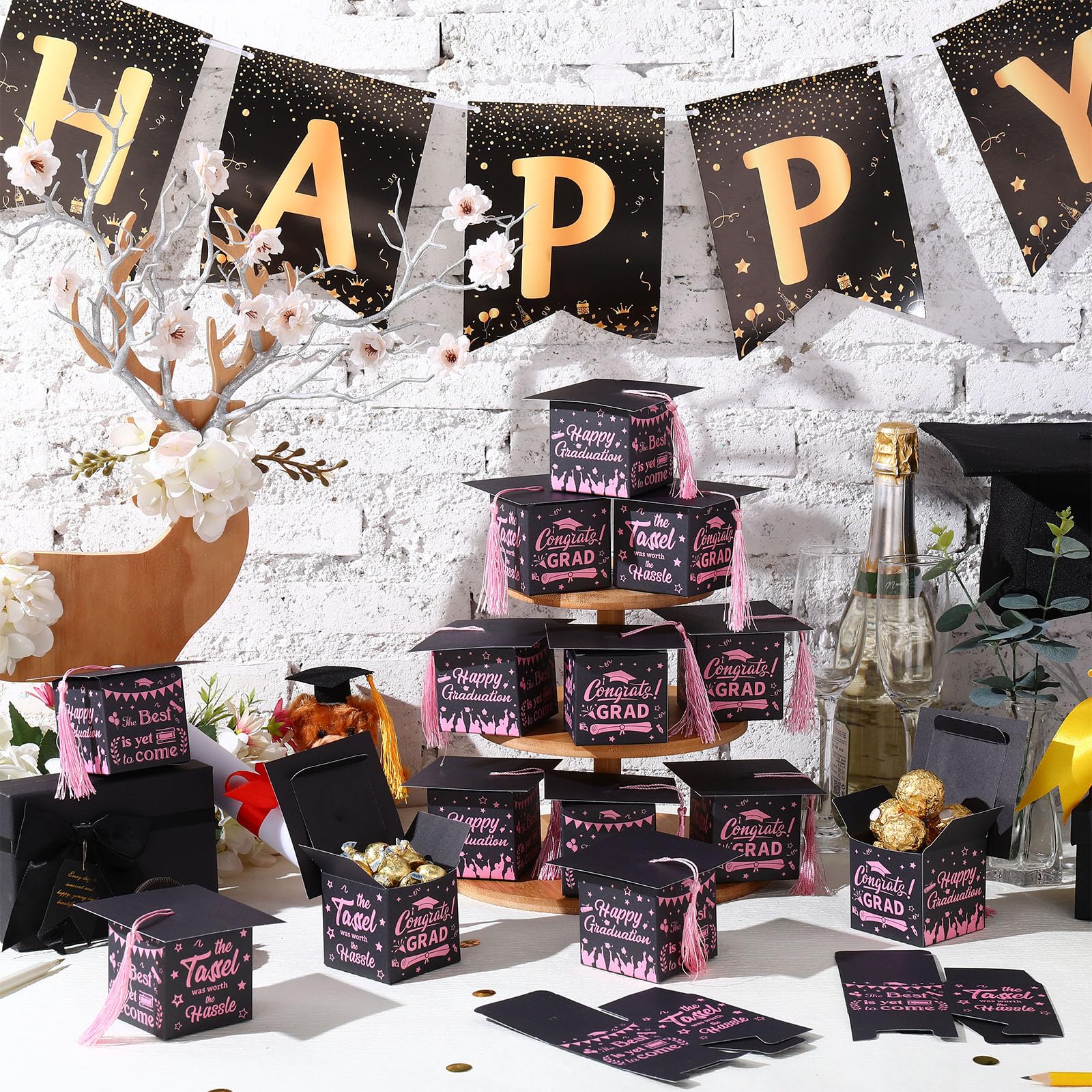 Chuangdi 30-Piece Congrats Grad Candy Boxes, DIY Grad Cap Box with Tassels for Party Favors & Decor - Graduation Centerpieces (Pink, Black)