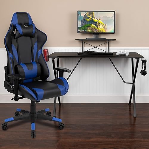 Miniatura 166 de Flash Furniture Juego de escritorio para juegos negro y silla de carreras blanco/negro con soporte para tazas, gancho para auriculares y soporte