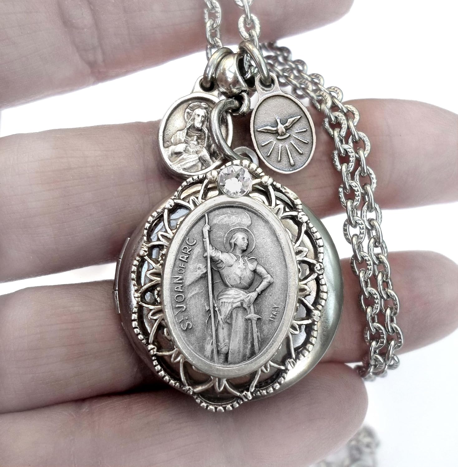 St. Joan of Arc Locket Necklace, Patron Saint Confirmation Gift, Catholic Devotion Jewelry Gift - Image 2