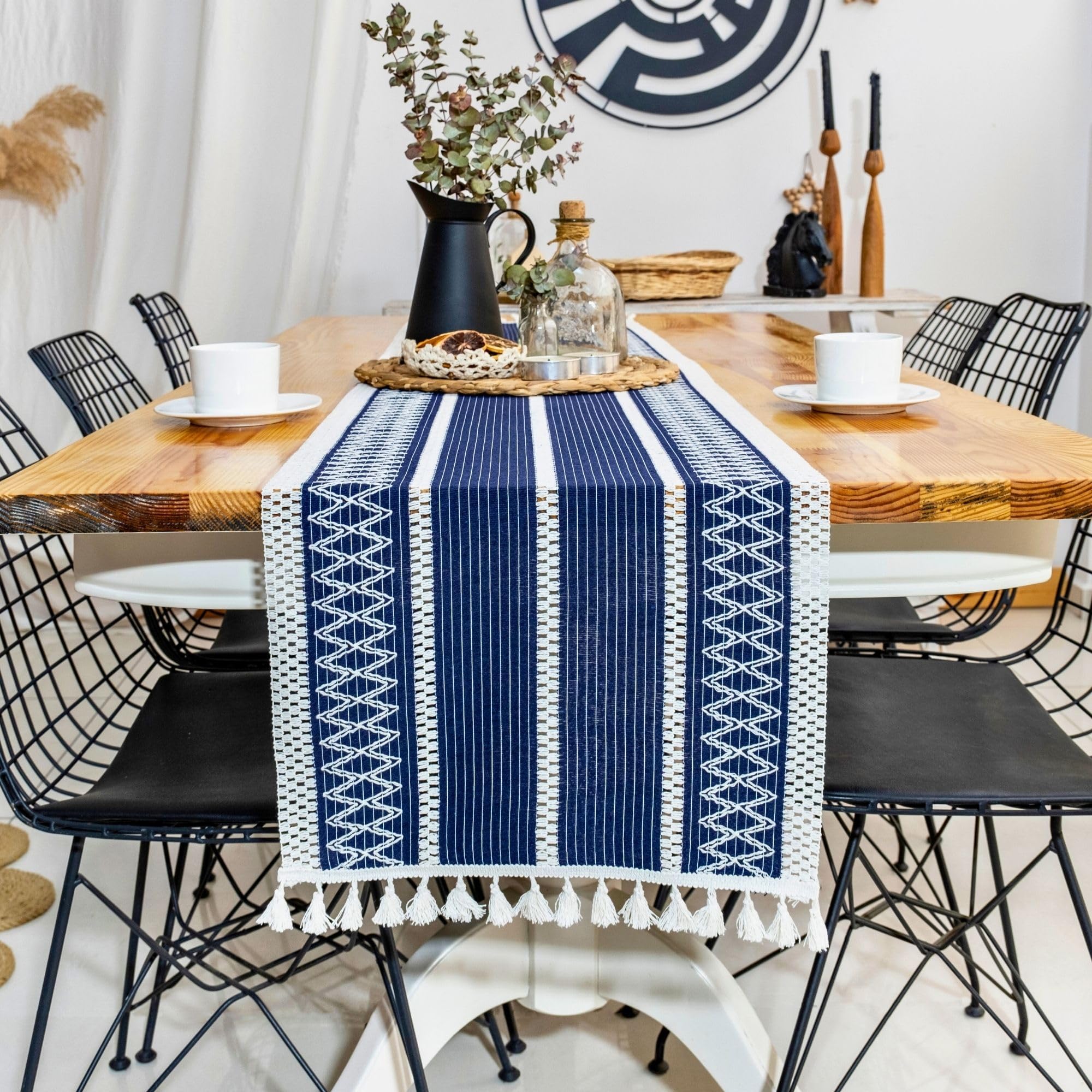 Navy Blue Cotton Table Runner – 100% Natural Cotton 14 x 60 Inch - Farmhouse Braided Stripe Table Runner - Fall, Thanksgiving, Christmas, Holidays Table Runner – Fete, Handcrafted-Machine Washable