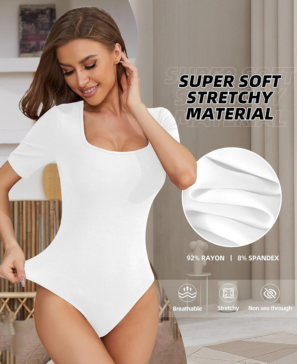 TQD Women's Square Neck Bodysuit Short Sleeve Bodysuit for Women Elbow Sleeve Tshirt Body Suit Top - Image 3