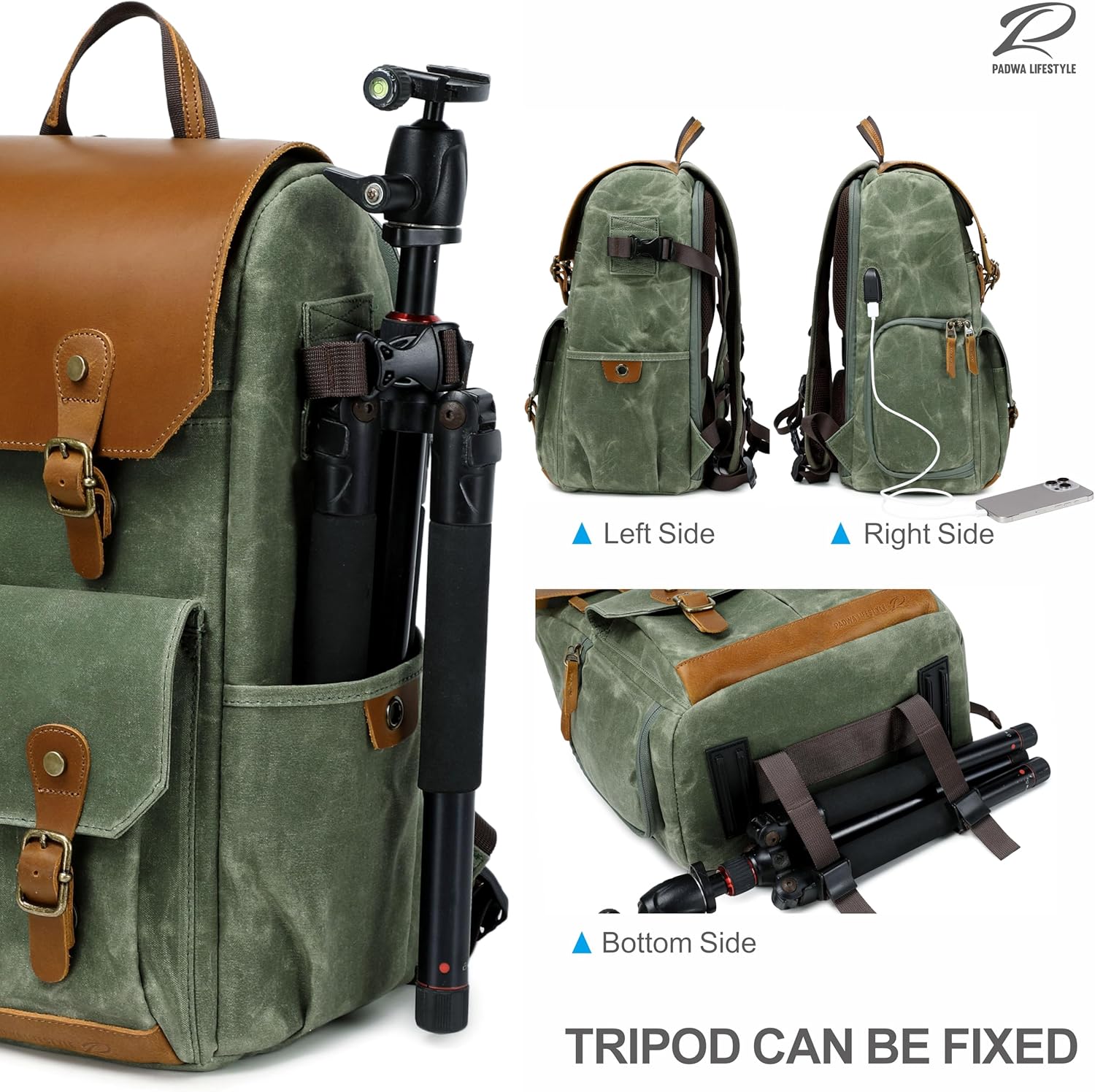 Padwa Lifestyle Green Camera Backpack - Waxed Memory Canvas Camera Bag, Multi DSLR SLR Large Camera Backpacks for Photographers with 16” Laptop & Lens Compartment and Tripod Holder & Weather Resistant