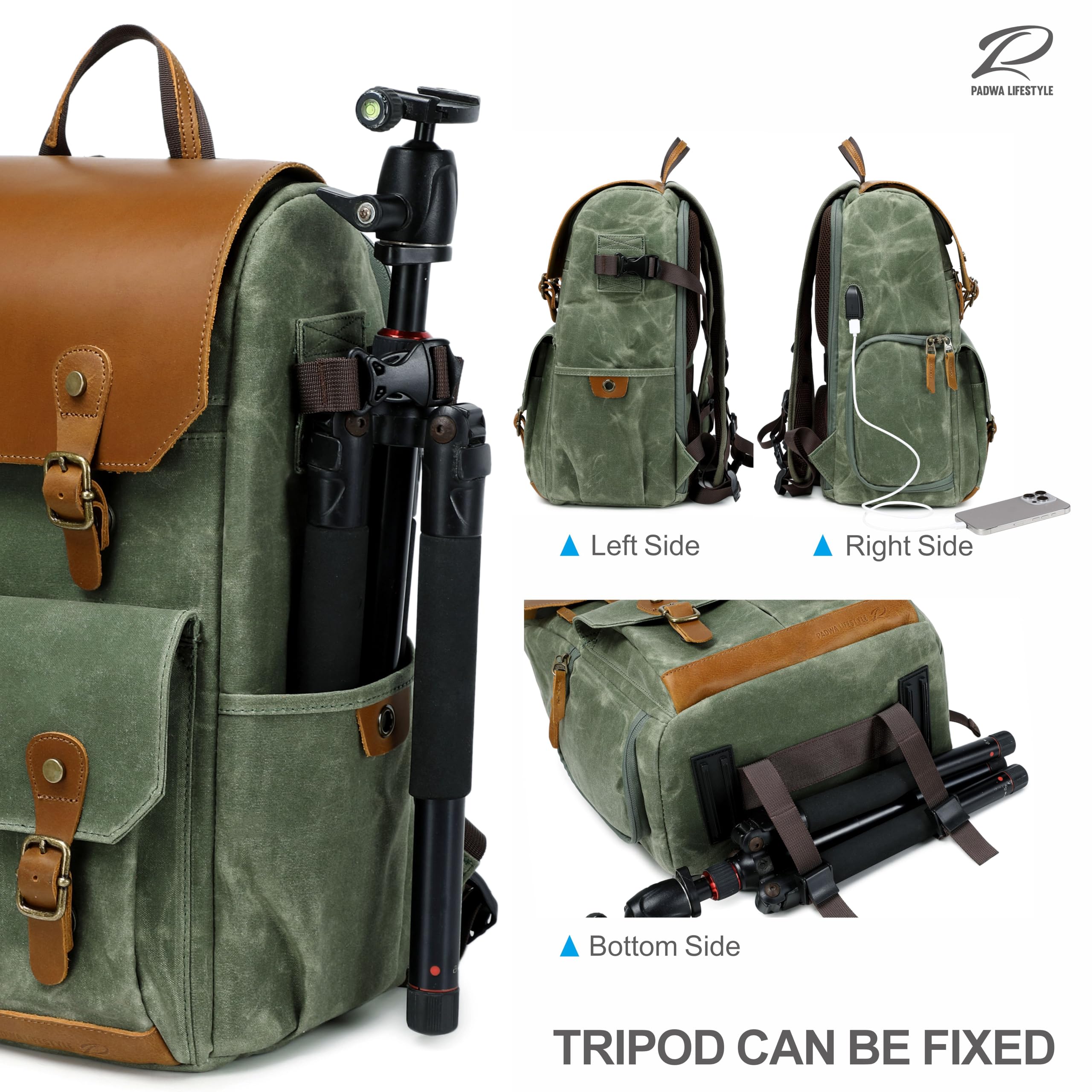 Padwa Lifestyle Grüner Kamerarucksack - wetterfeste Kameratasche aus gewachstem Memory Canvas mit 16“ Laptop-/Objektivfach und Stativfach, Mehrzweck-Kamerarucksack für professionelle Fotografen