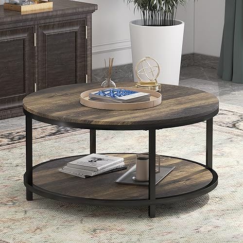 Miniatura 35 de WiberWi Mesa de centro redonda de 35.8 pulgadas para sala de estar, mesa de cóctel industrial rústica con marco de metal resistente y estante de