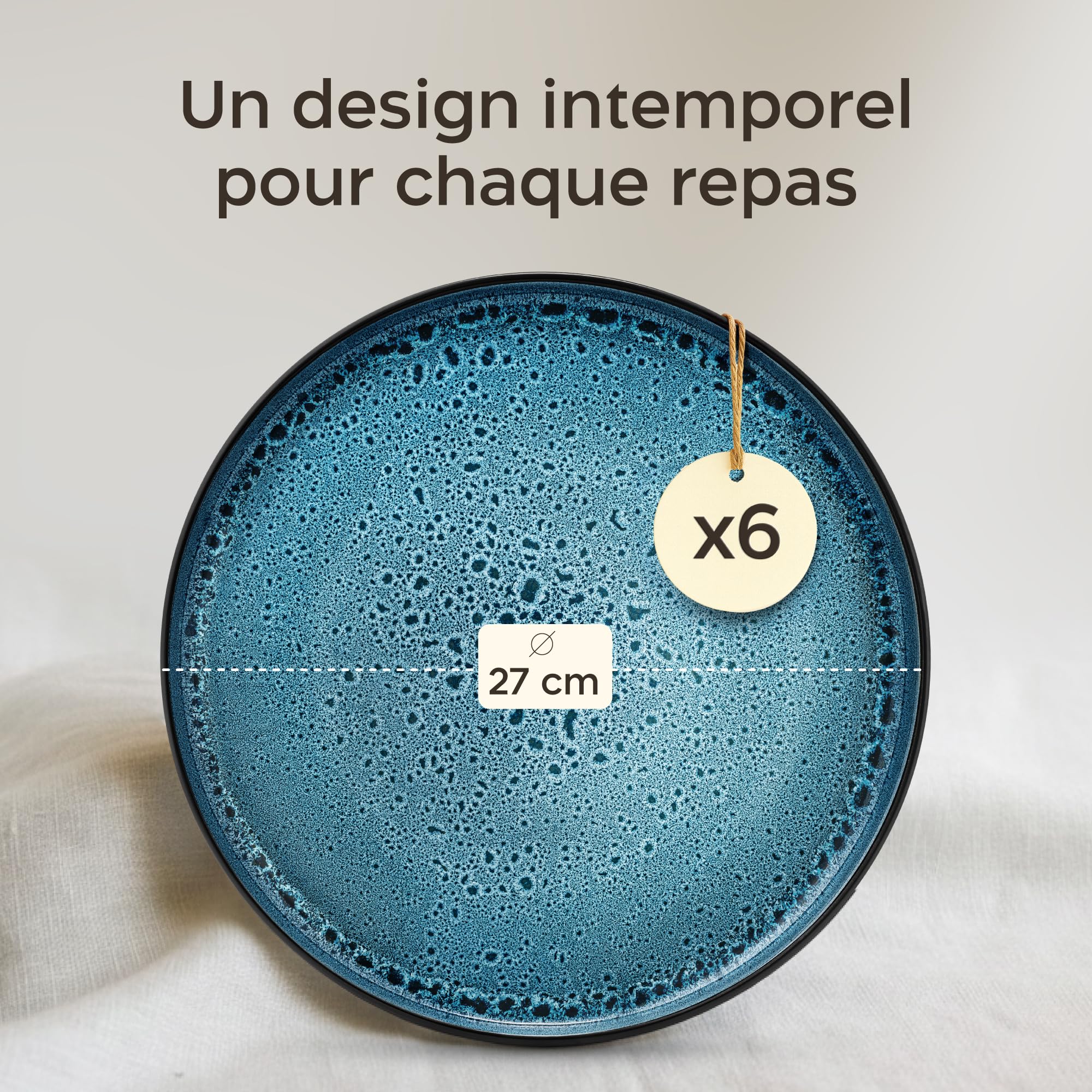 Twinzee 6 Grandes Assiette Azur - Compatible Micro-onde - Assiettes Service de Table Riviera Collection