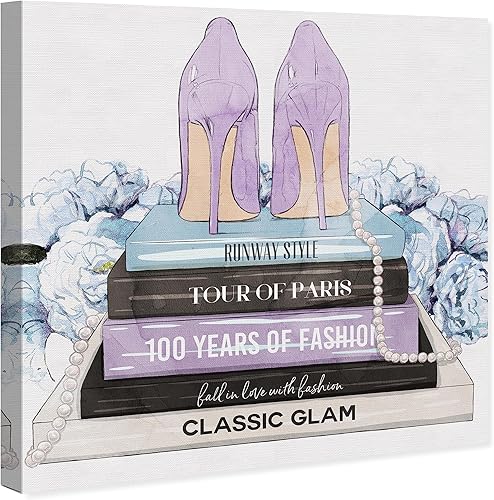 Miniatura 2 de Wynwood Studio Arte moderno en lienzo moderno de moda y glamour, libros y tacones azul lavanda, arte de pared para sala de estar, dormitorio y baño,