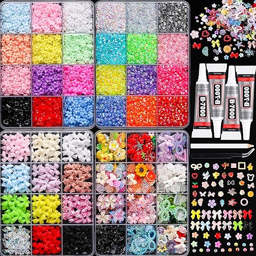 Colorful Macaron Nail Charms Kit, 4 Boxes Pastel Rhinestones Bowknot Flowers & Colorful Nail Art Accessories,Bedazzling Kit Multi-colored 3D DIY for Press On Nails,DIY Manicure