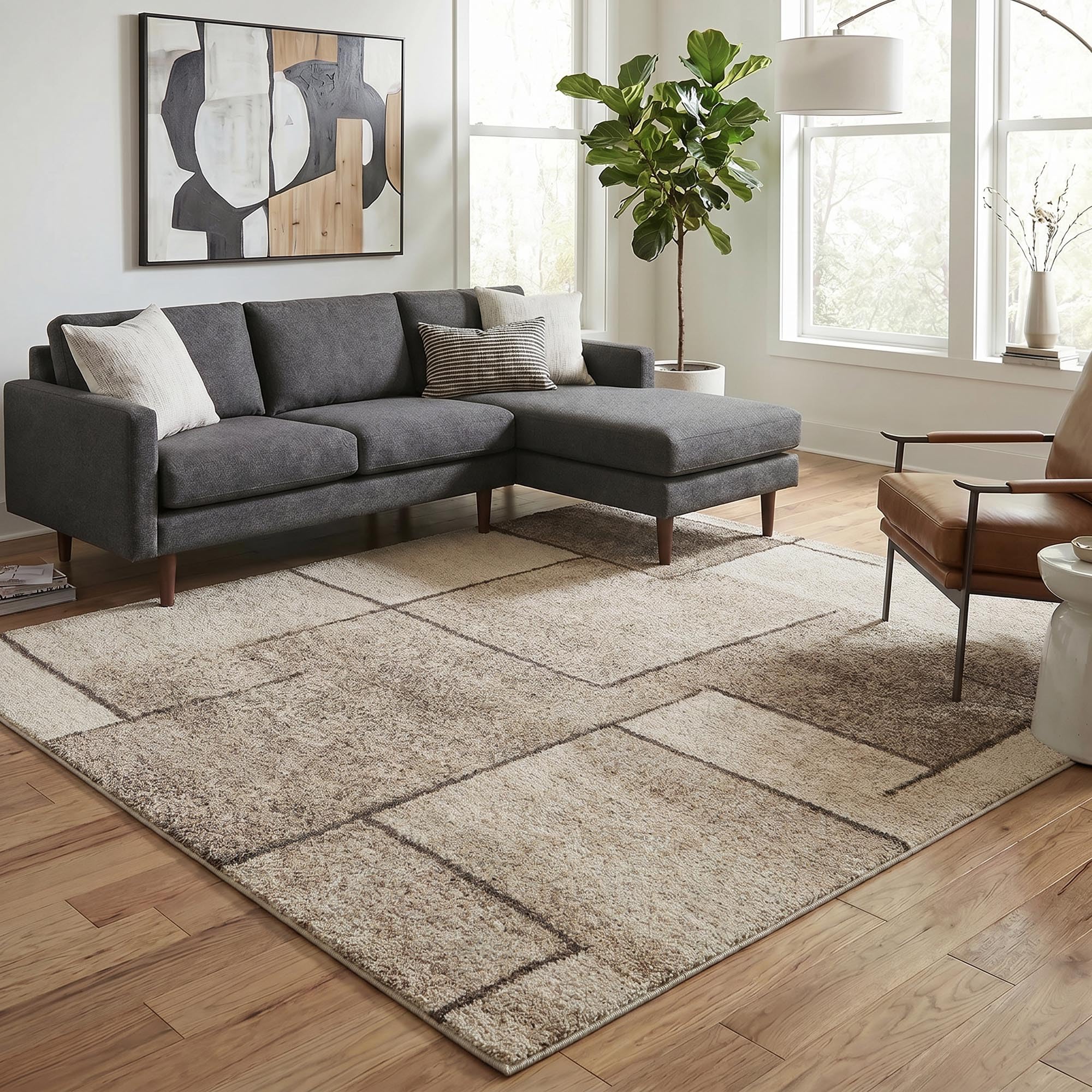 Rhodes Geometric Modern Living Room Area Rug, Beige - Sketch, 160x230cm