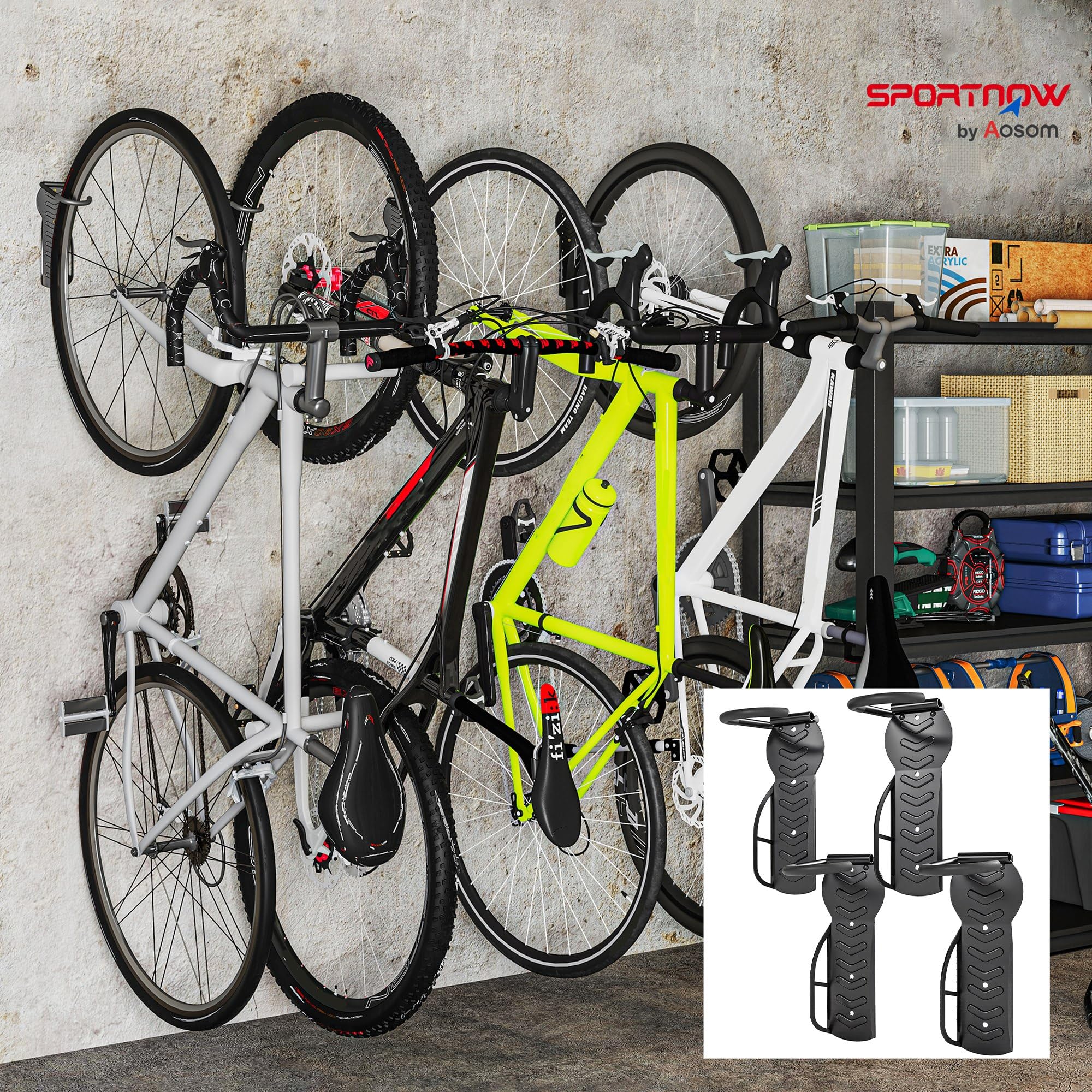 SPORTNOW Soportes de Pared para Bicicletas de 4 Piezas, Gancho para Colgar Bicicleta Plegable hasta 30 kg, Portabicicletas de Almacenamiento Vertical con Tornillos, para Casa, Garaje y Sótano, Negro