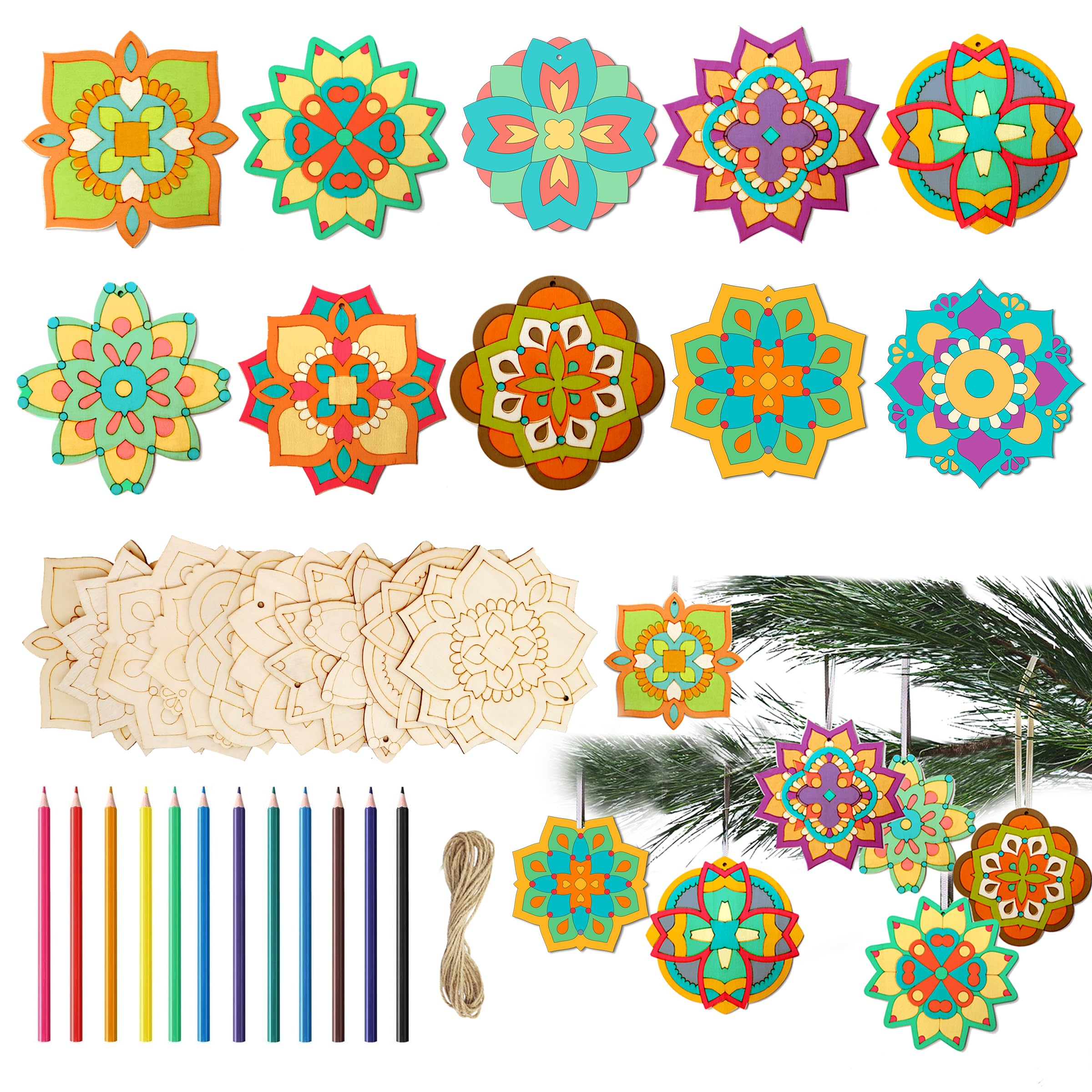 HICOHAND Lot De 40 Mandalas En Bois Brut – Formes Variées – Peinture, Loisirs Créatifs, Décoration – Cadeau Adulte