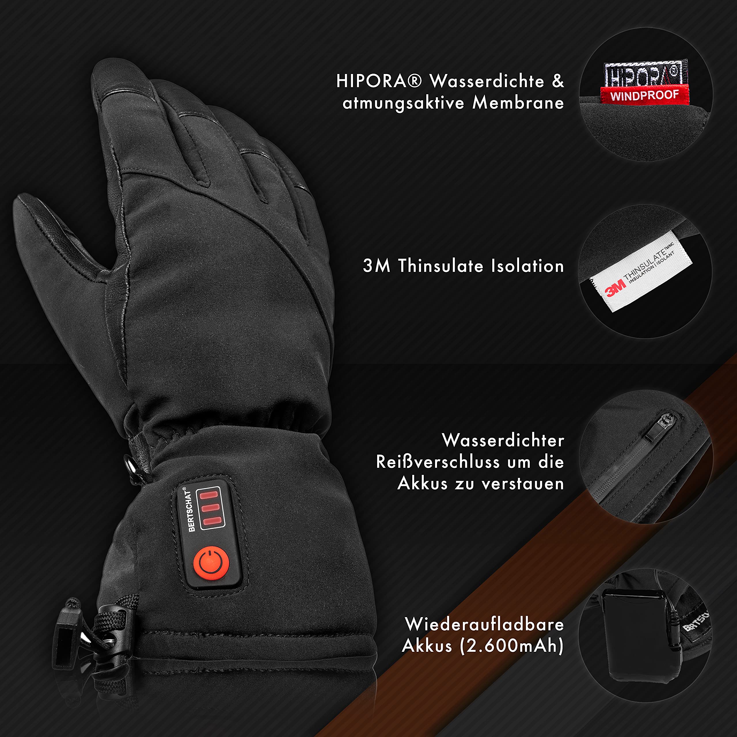 BERTSCHAT Beheizte Handschuhe PRO | Wiederaufladbar | Winterhandschuhe aus Ziegenleder für Männer & Frauen | Touchscreen | Funktioniert bis zu 8 Stunden