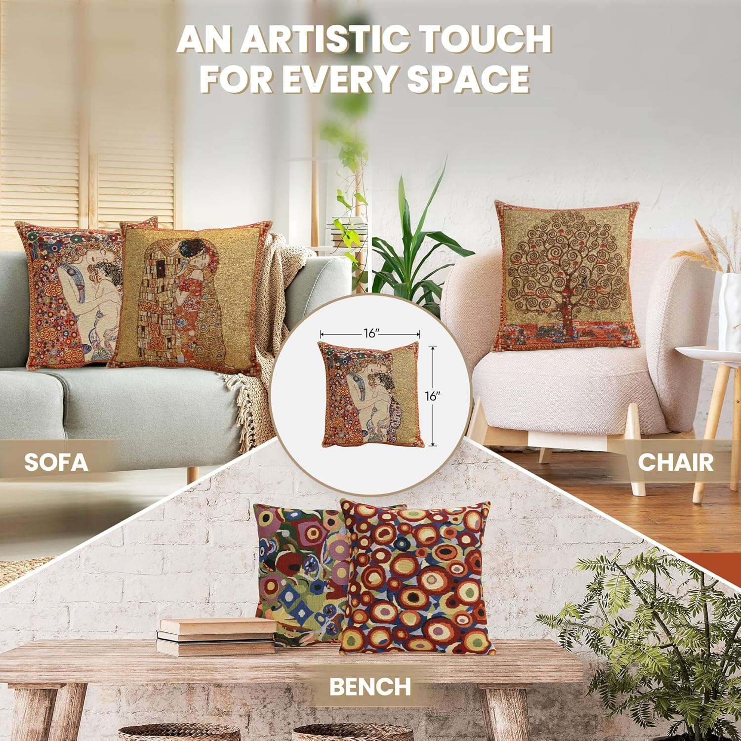 Charlotte Home Furnishings Decorative Pillow Covers for Bed 16x16 in, Tapestry Throw Pillow Cover for Couch and Living Room, Mere Et Enfant Belgian Boho Sofa Cushion Cases, Soft Cotton Jacquard Woven