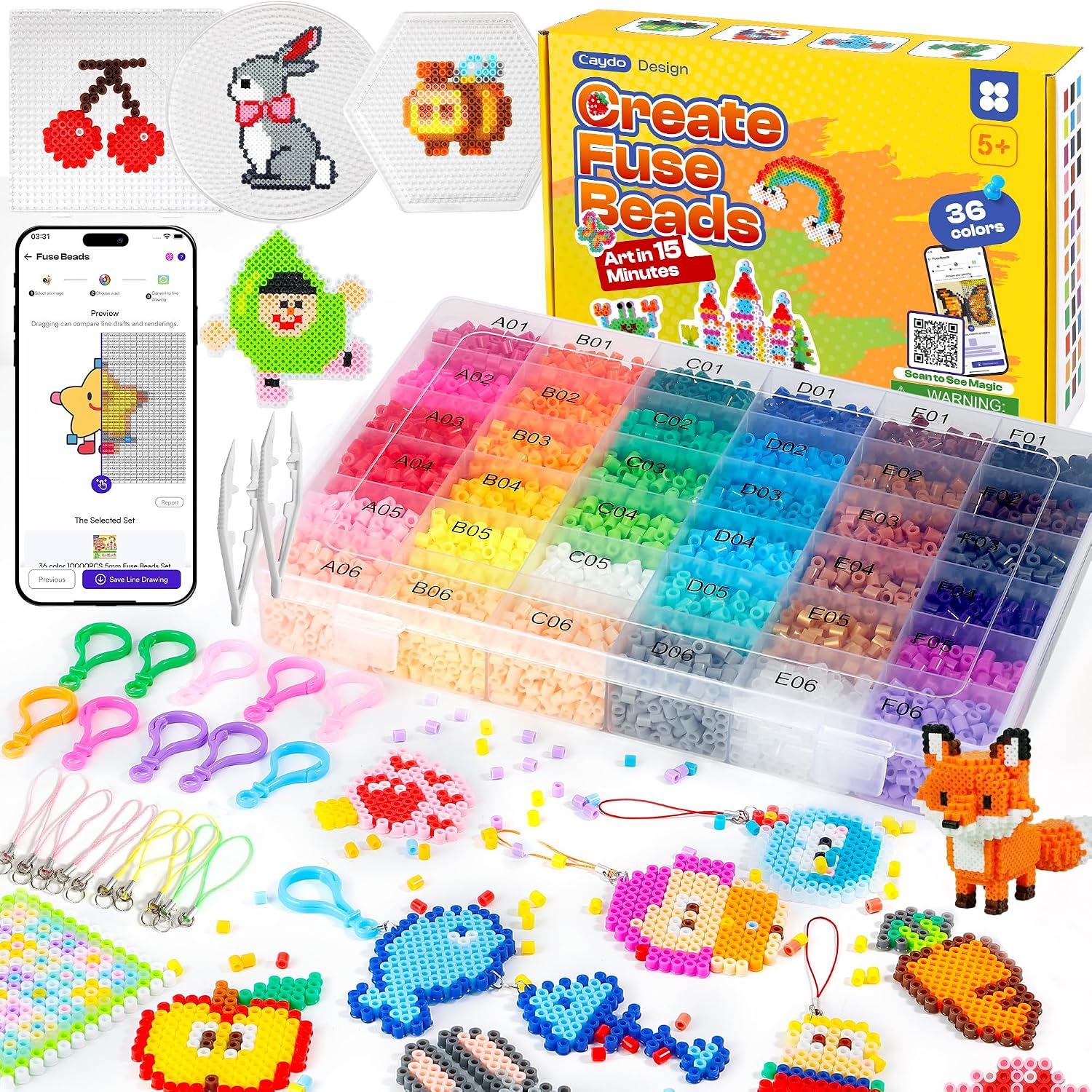 Caydo Fuse Beads Kit with Pattern-Generating App, 10500PCS 36 Colors 5mm
