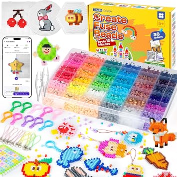Caydo Fuse Beads Kit with Pattern-Generating App, 10500PCS 36 Colors 5mm Beads for Beginners with Pegboardx, Ironing Paper, Tweezers & Keychain Accessories for 5+Girls Home & School Projects, Gift