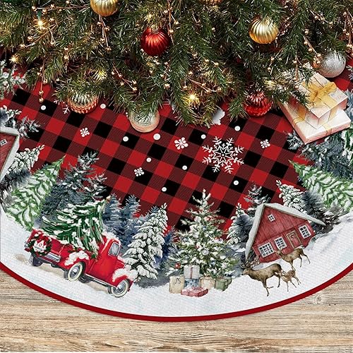 EKOREST Christmas Tree Skirt 48 Inches, Red Buffalo Plaid with Truck Pencil Tree Skirt, Winter Xmas Tree Mat Decorations for Home Party Holiday Decorations