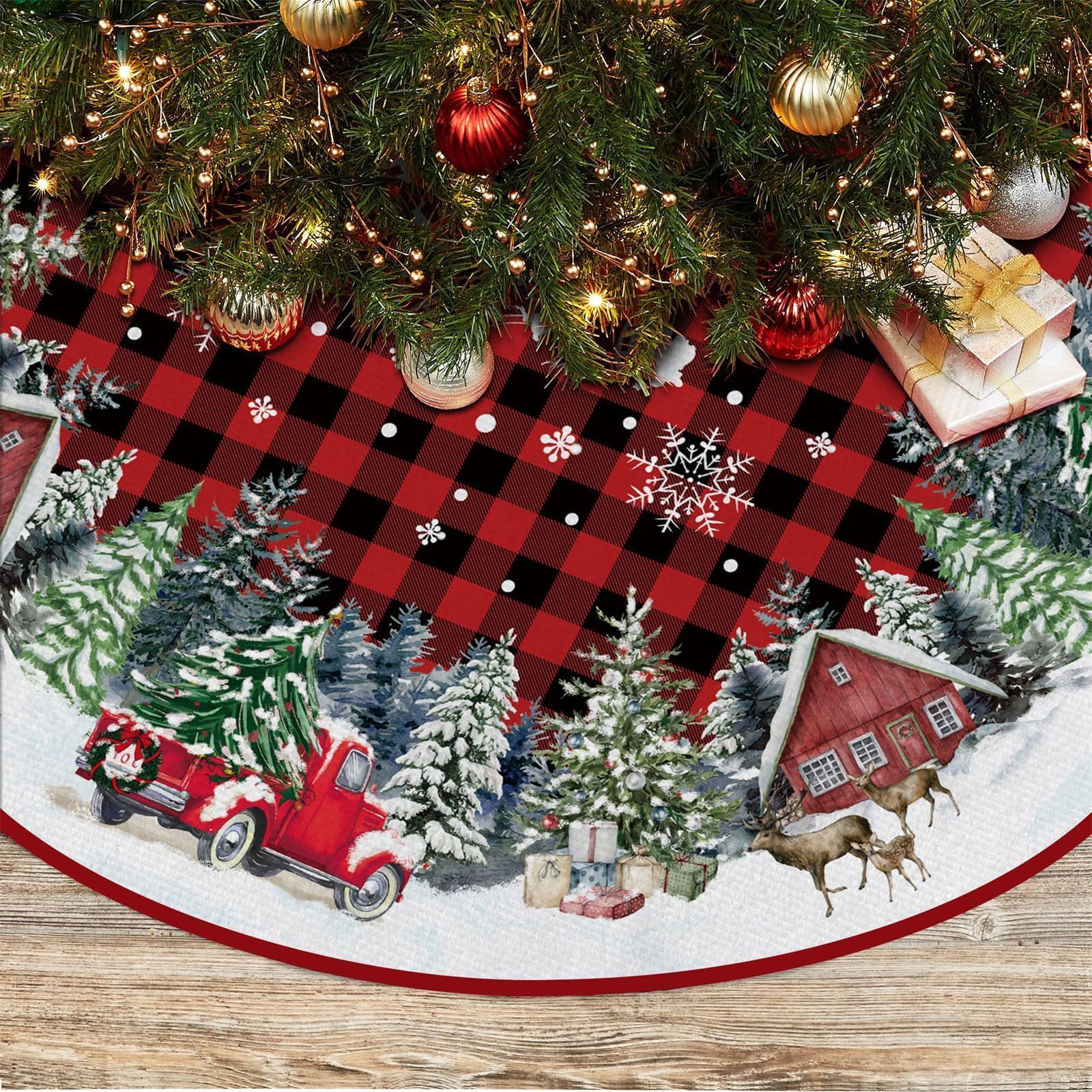 EKOREST Christmas Tree Skirt 48 Inches, Red Buffalo Plaid with Truck Pencil Tree Skirt, Winter Xmas Tree Mat Decorations for Home Party Holiday