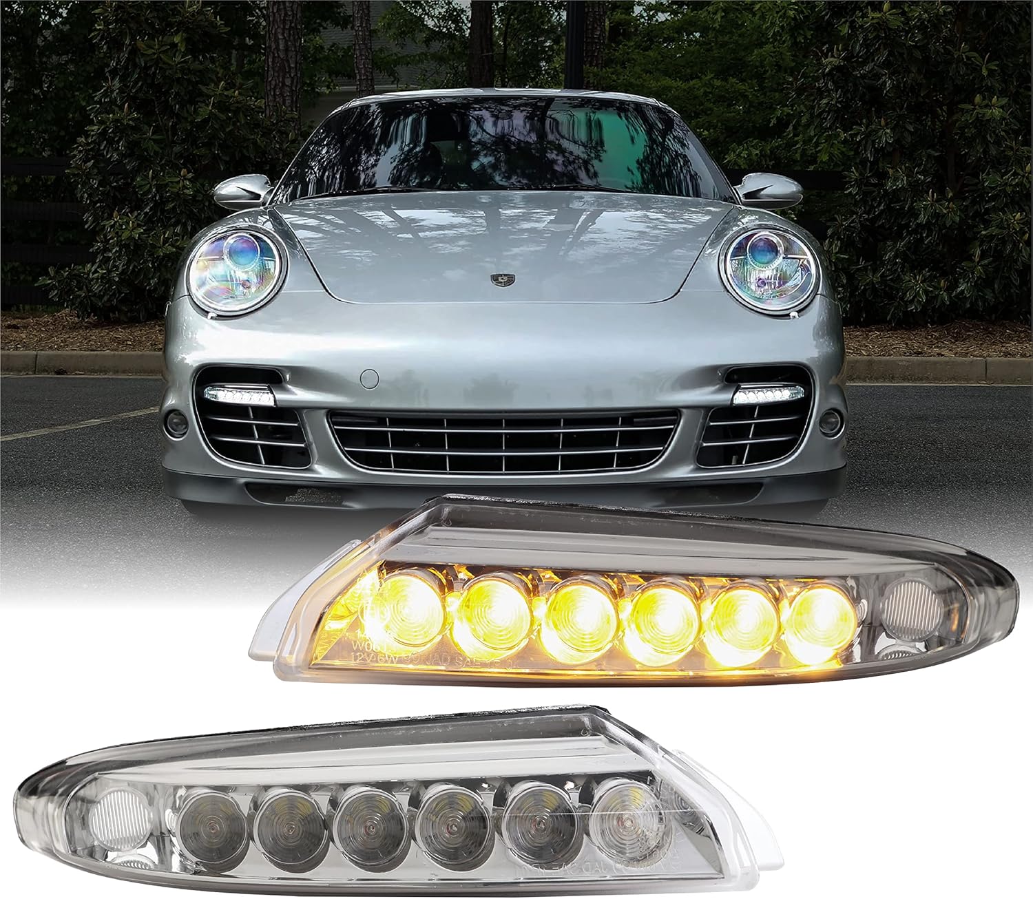 USR 05-11 911 997 Sidemarker Lamp - LED Smoke Front Bumper Side Marker Light Assembly Set (Left + Right) Compatible with 2005-2011 Porsche 911 Carrera 997 (Amber LED, Smoked Lens)