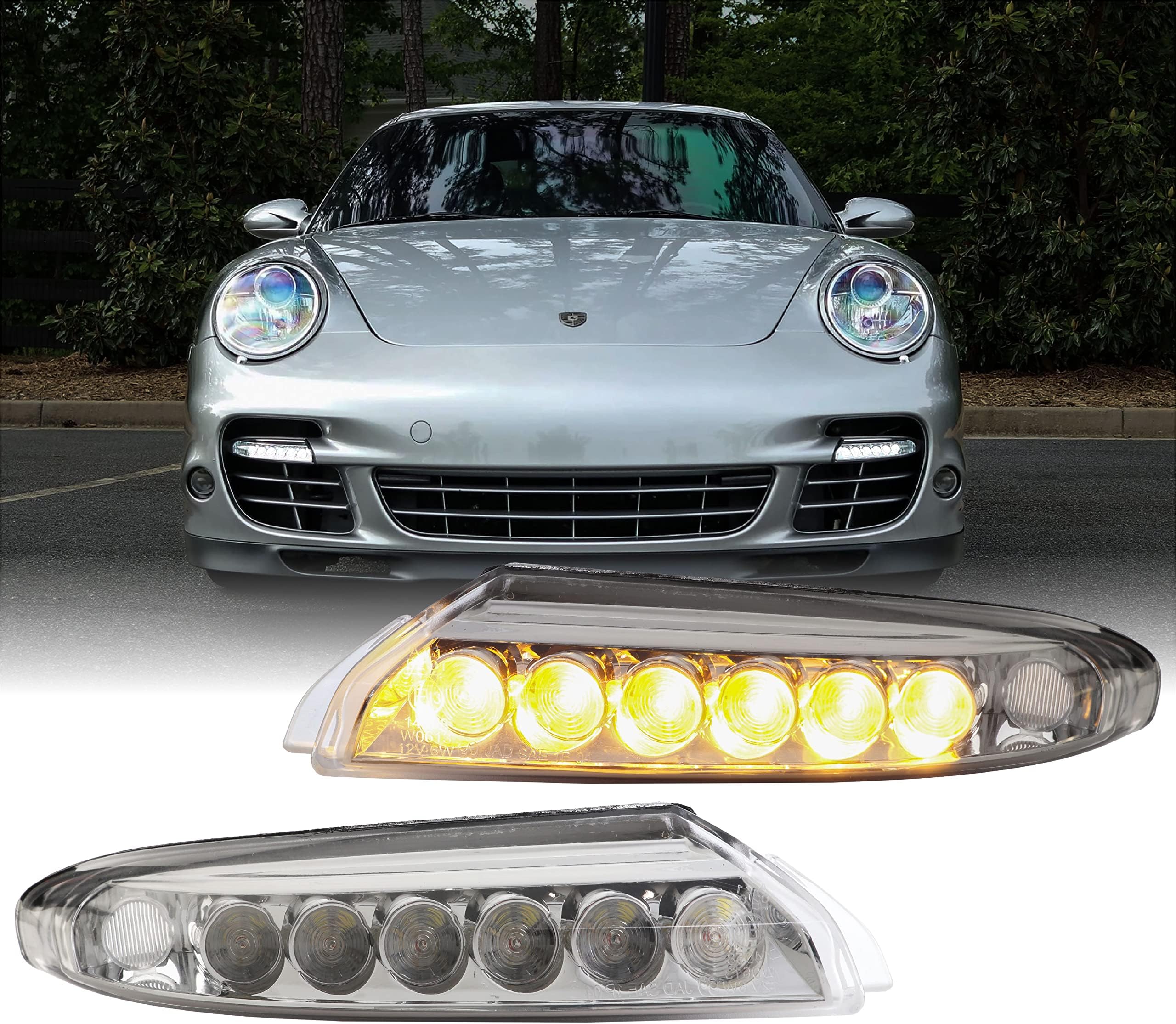 07-12 911 997 LED DRL Front Bumper Signal Lights Assembly Set (Left + Right) Compatible with 2007-2012 Porsche 911 997 Turbo GT2 Models (Amber White LED Switchback, Clear Lens, Plug and Play)