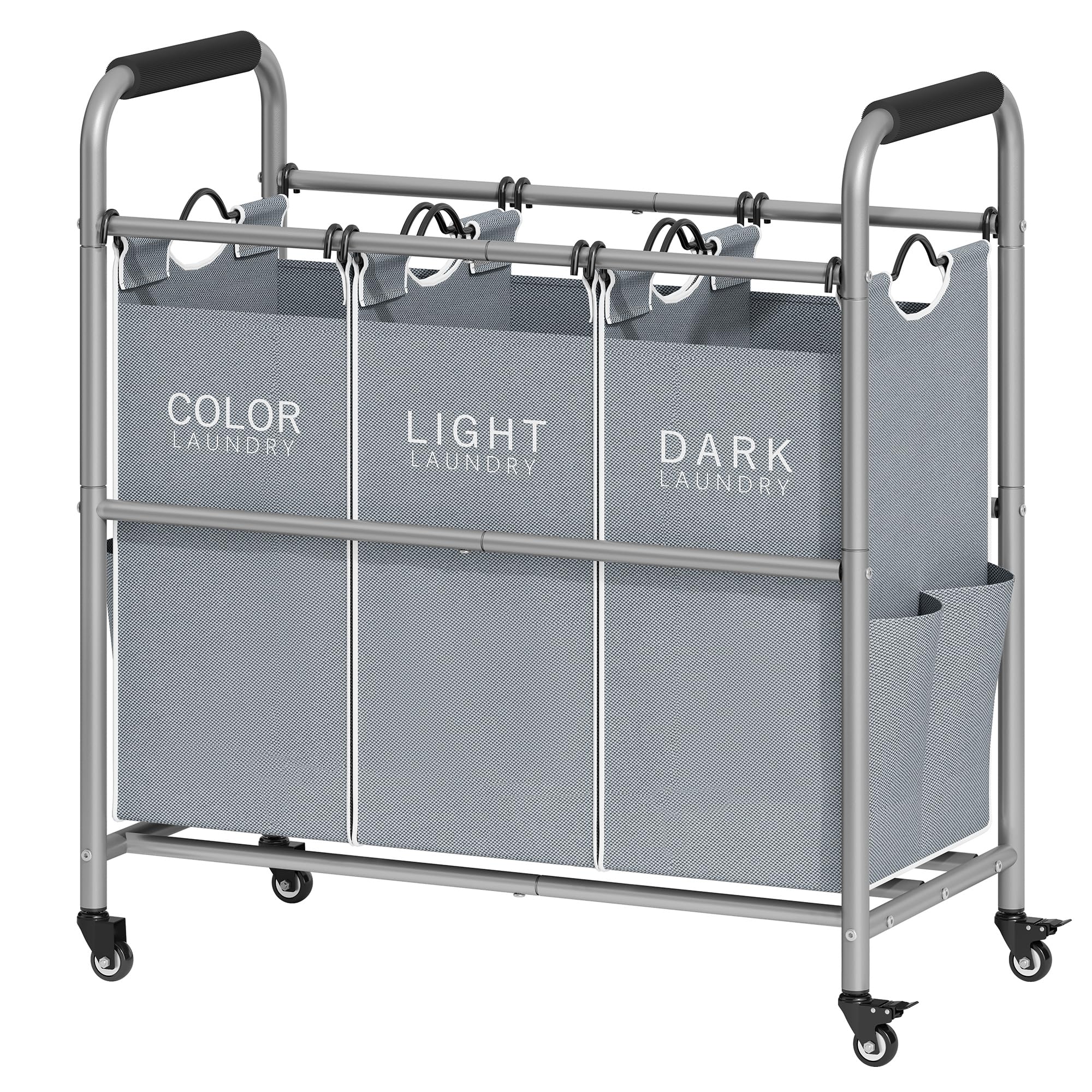 Tajsoon 3 Bag Laundry Sorter Cart, Laundry Hamper Sorter Basket with Heavy Duty Lockable Rolling Wheels for Clothes Storage, Grey & White