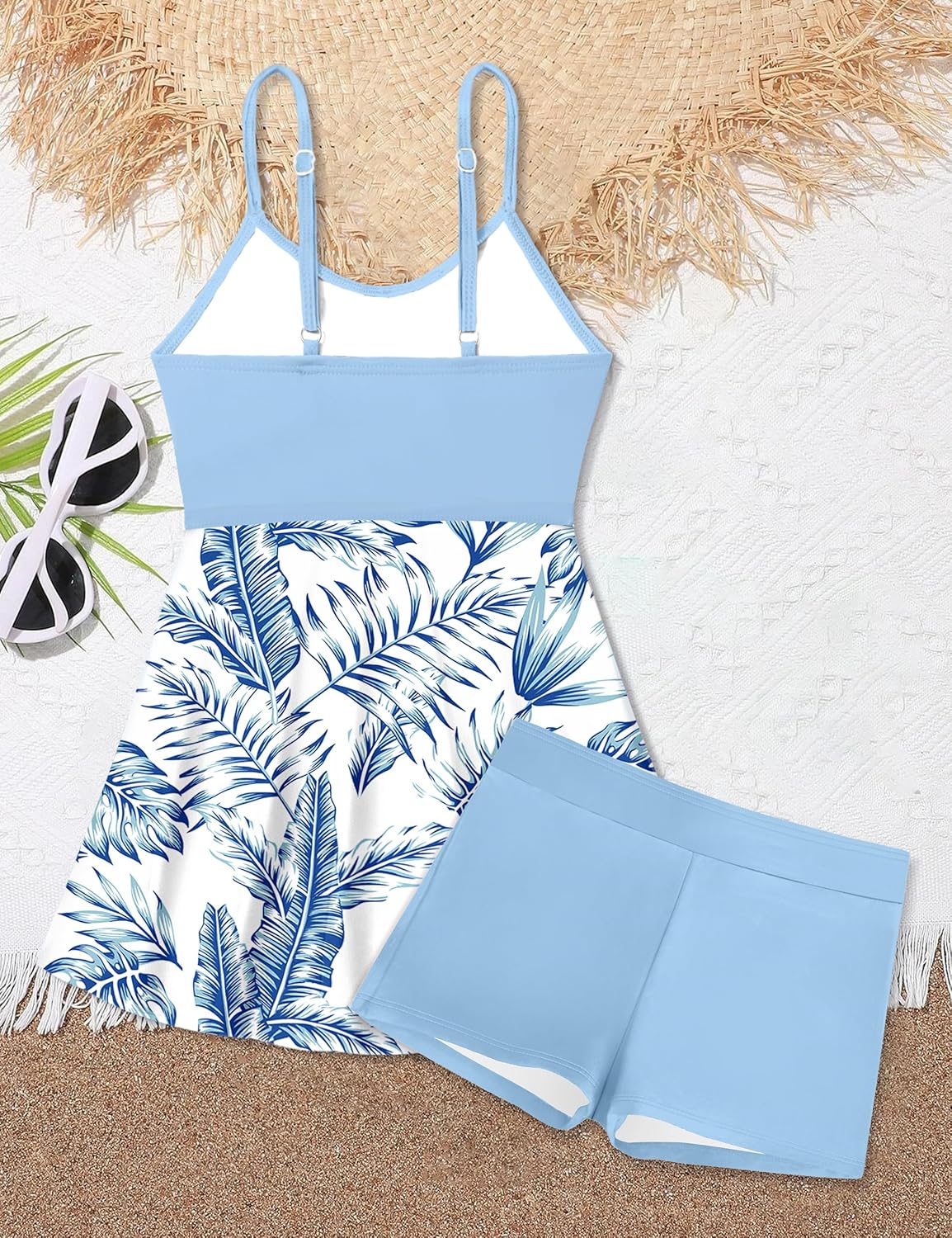 Girls Swimsuits Criss Cross Tropical Print Mesh Dress Bathing Suits with Shorts 2 Piece Tankini for Teens - Image 4