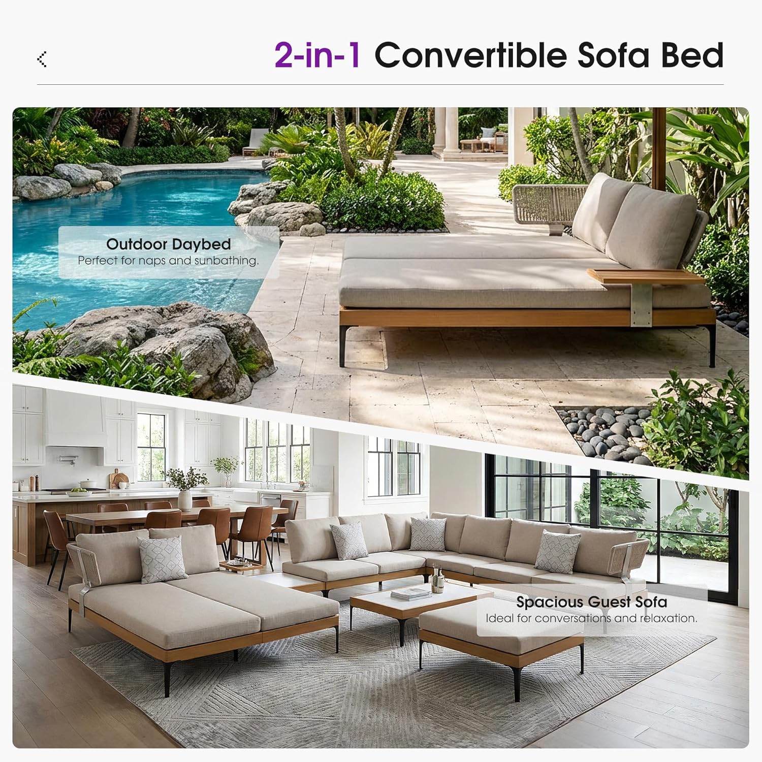 PURPLE LEAF Outdoor Daybed Patio Loveseat Sofa 2-Person Aluminum Chaise Lounge Cushioned Furniture Set with Tray and Wicker Armrest for Pool Garden Backyard Porch, Pillows Included